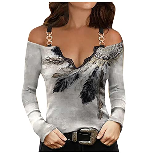 Women's Thanksgiving V-Neck Long Sleeve Waffle Knit Pullover Sweater - Off Shoulder Oversized Gray Top for Holiday Gatherings & Family Dinners