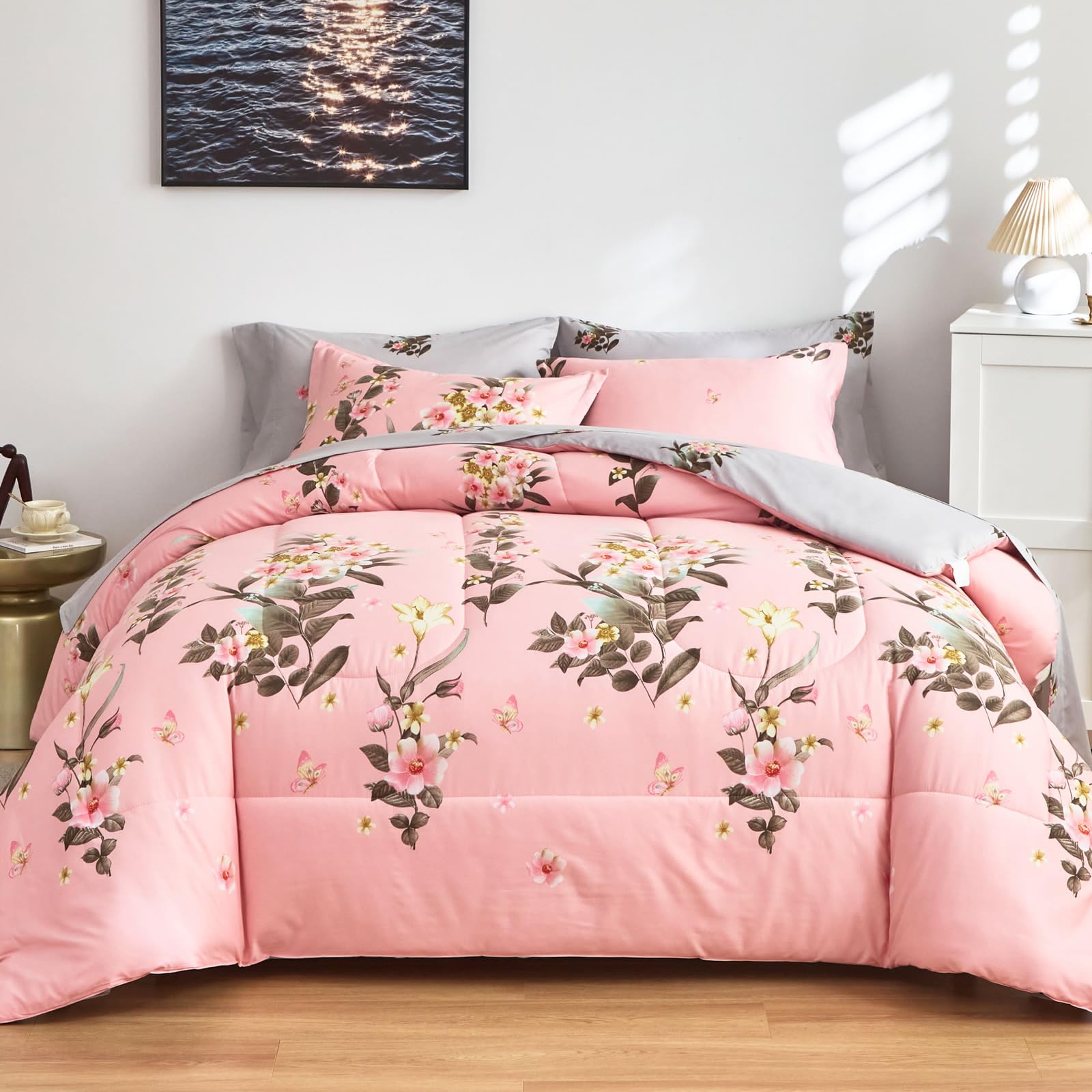 AIKASY 7-Piece Pink Queen Comforter Set with Sheets - Palm Tree Totem Print, Ultra Soft Down Alternative All Season Bedding | Perfect for Master Bedroom, Guest Room & Vacation Home Decor (Queen Size, Pink)