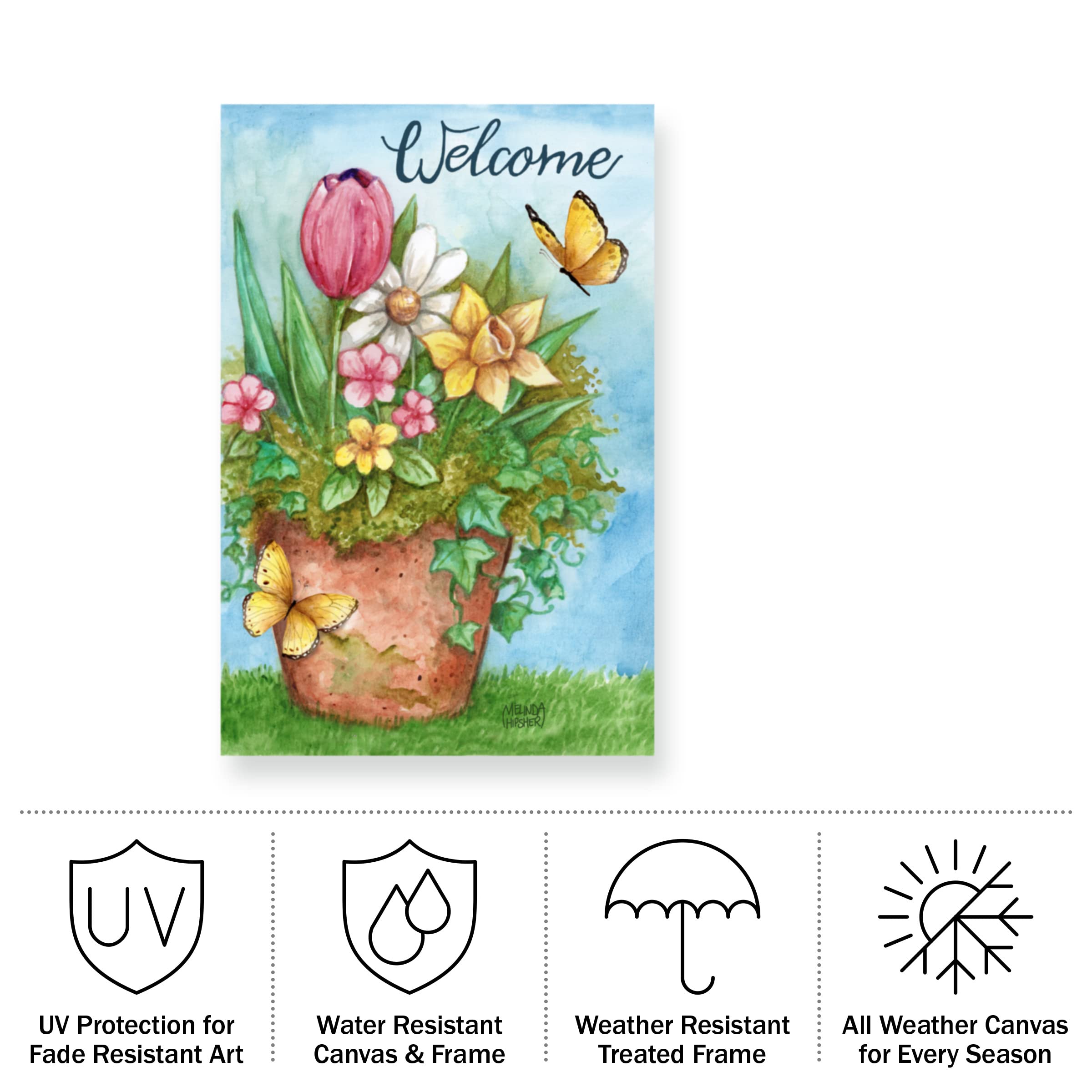Melinda Hipsher Welcome Spring Bouquet in Pot with Butterflies - Weatherproof Outdoor Wall Art Decor for Garden, Patio, and Porch