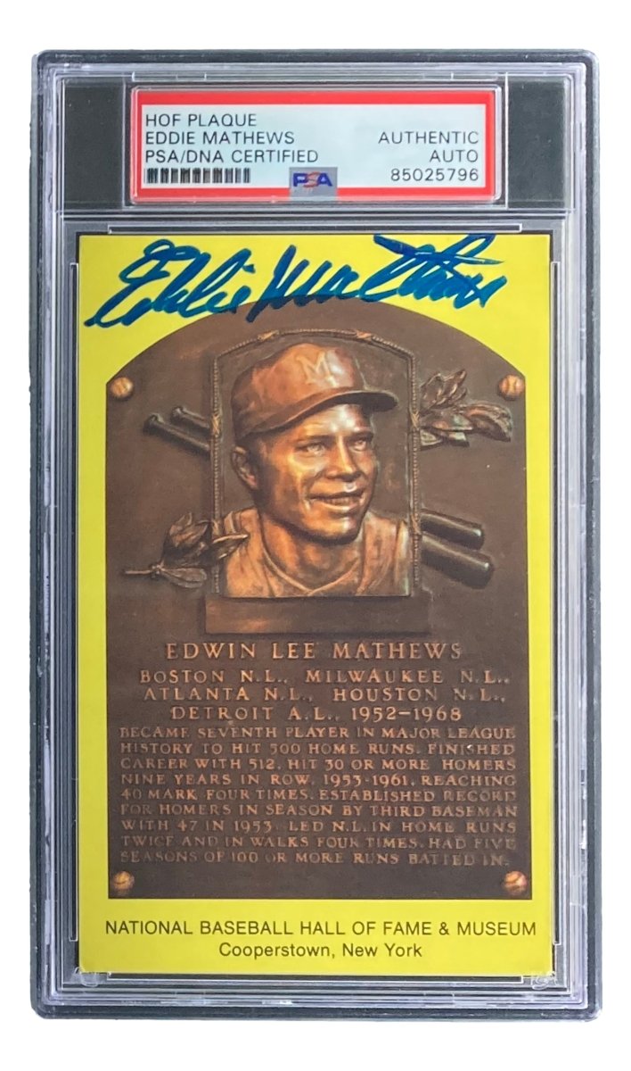 Eddie Mathews Autographed 4x6 Milwaukee Braves HOF Plaque Card - PSA/DNA Certified #85025796 - Perfect for Baseball Memorabilia Collections & Sports Fan Gifts