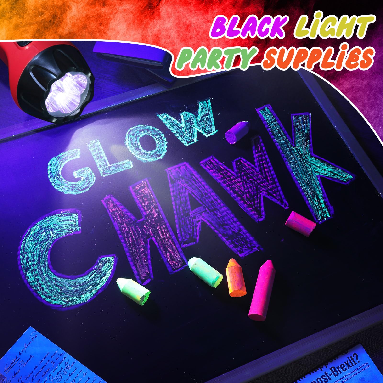 12-Pack UV Neon Glow in the Dark Chalk - 6 Vibrant Colors, Dustless & Washable Sidewalk Chalk for Kids Outdoor Play, Birthday Party Supplies, Blacklight Activities, Chalkboard Drawing & Playground Fun