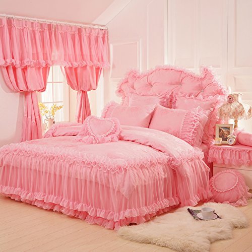 LELVA Korean Style Lace Ruffle Bedding Set - Queen Size Pink Floral Twin Bed Sheets for Girls Room, Romantic Bedroom Decor, Wedding Gift Idea