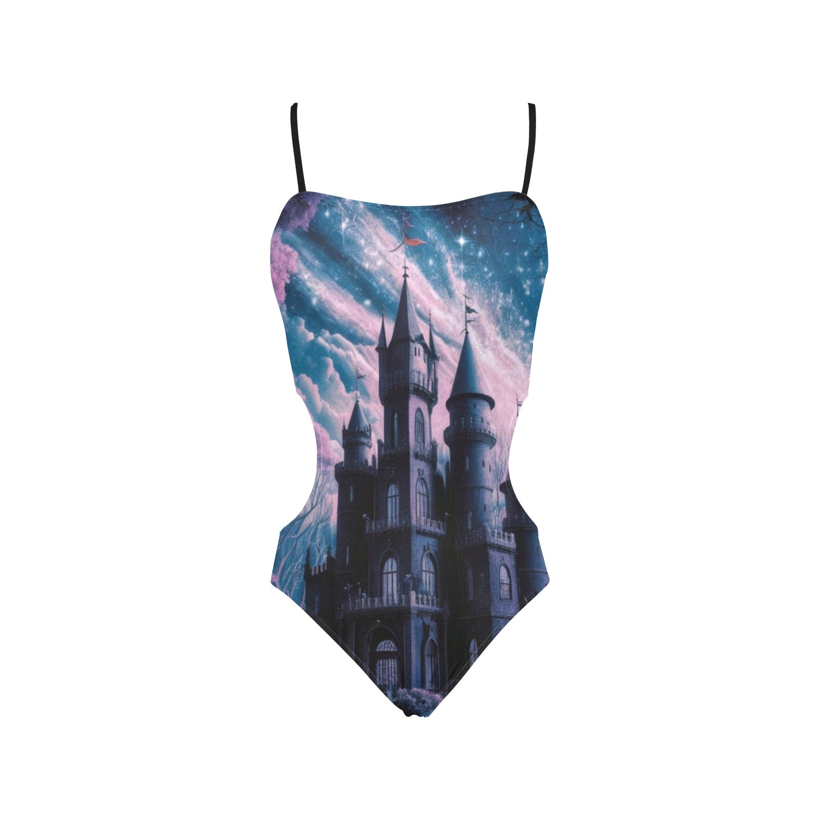 Gothic Purple Castle Spaghetti Strap Cut Out Sides Swimsuit - Sexy One Piece Bathing Suit for Women, Beach Vacation & Pool Party
