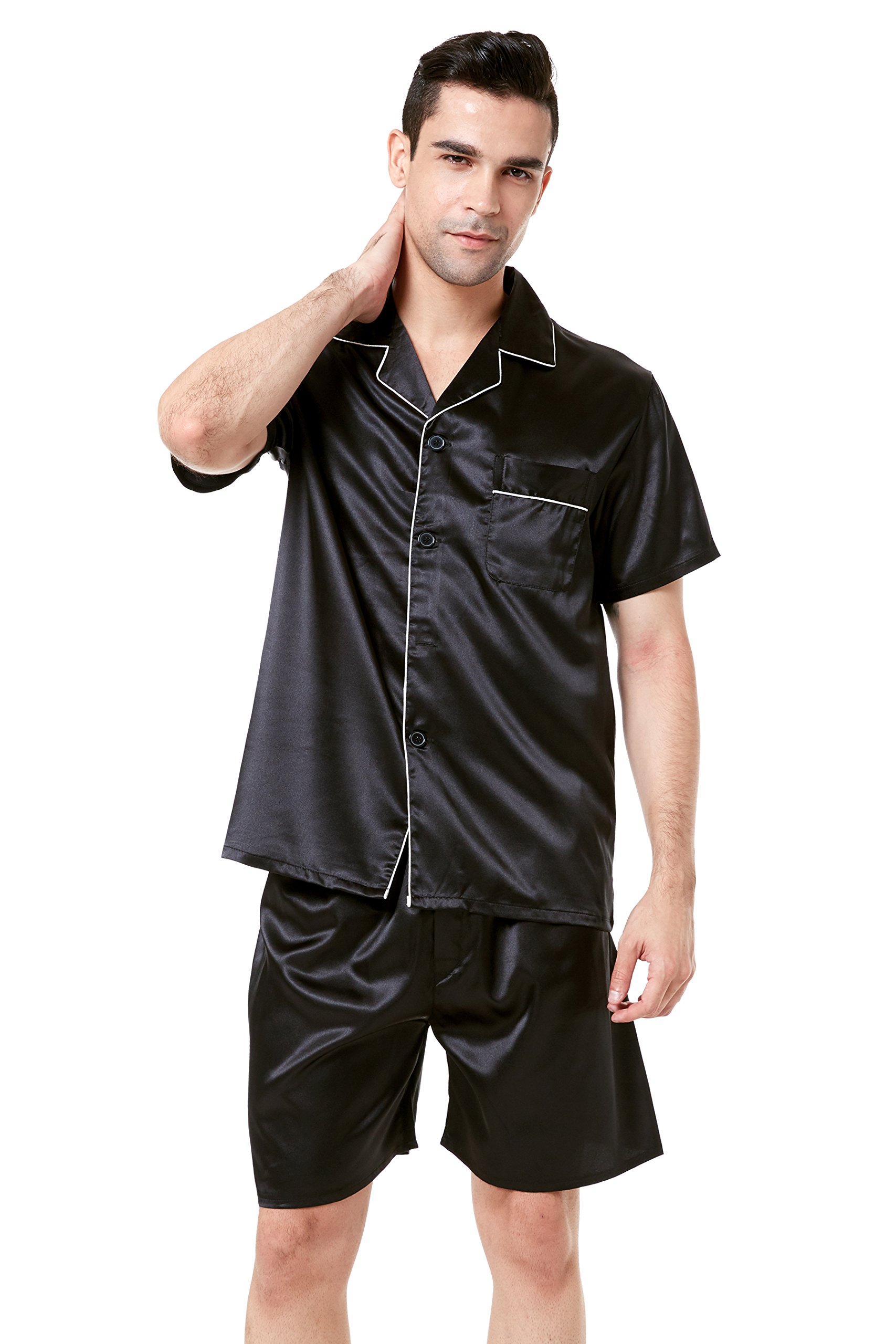 Men's Short Sleeve Satin Pajama Set with Comfortable Lounge Shorts - Soft & Breathable Sleepwear for Summer Nights, Lounging at Home, and Relaxing Weekends