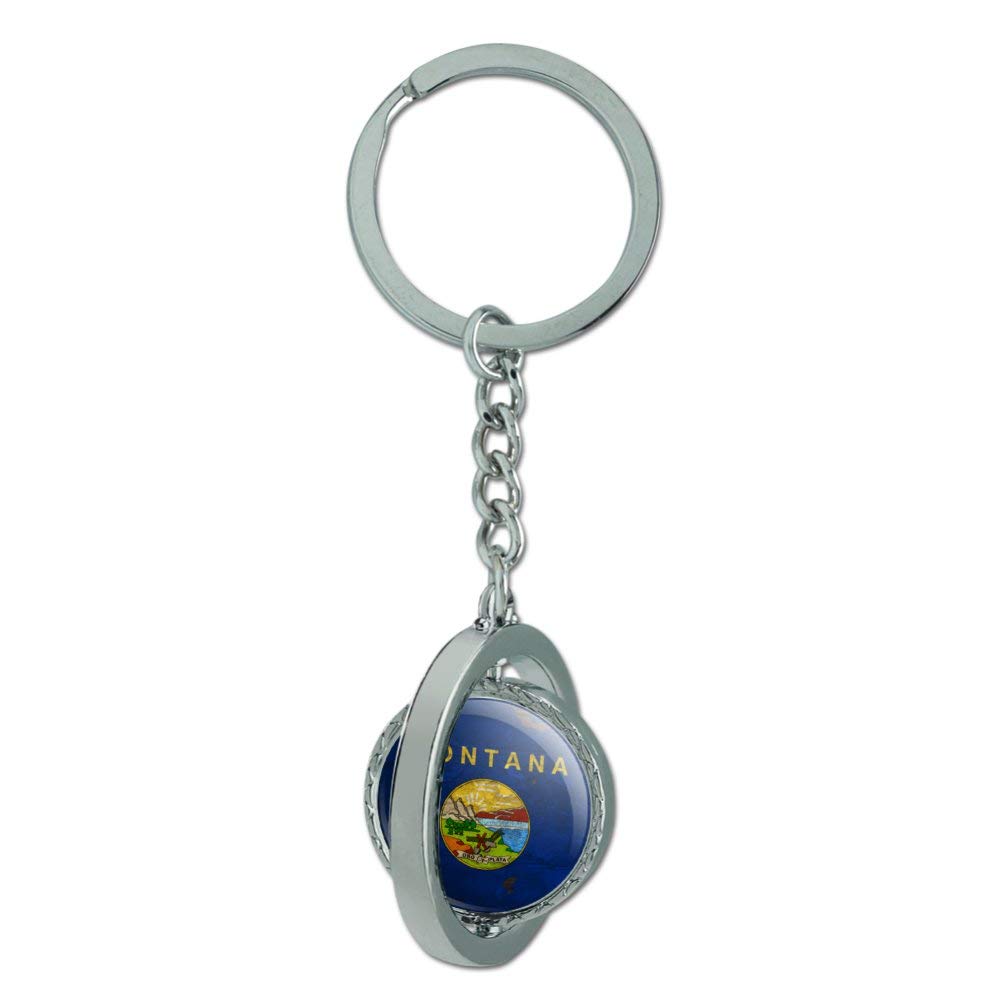 Vintage Rustic Montana State Flag Keychain - Distressed USA Design, Spinning Round Chrome Plated Metal - Perfect for Travel, Gifts & Key Organization