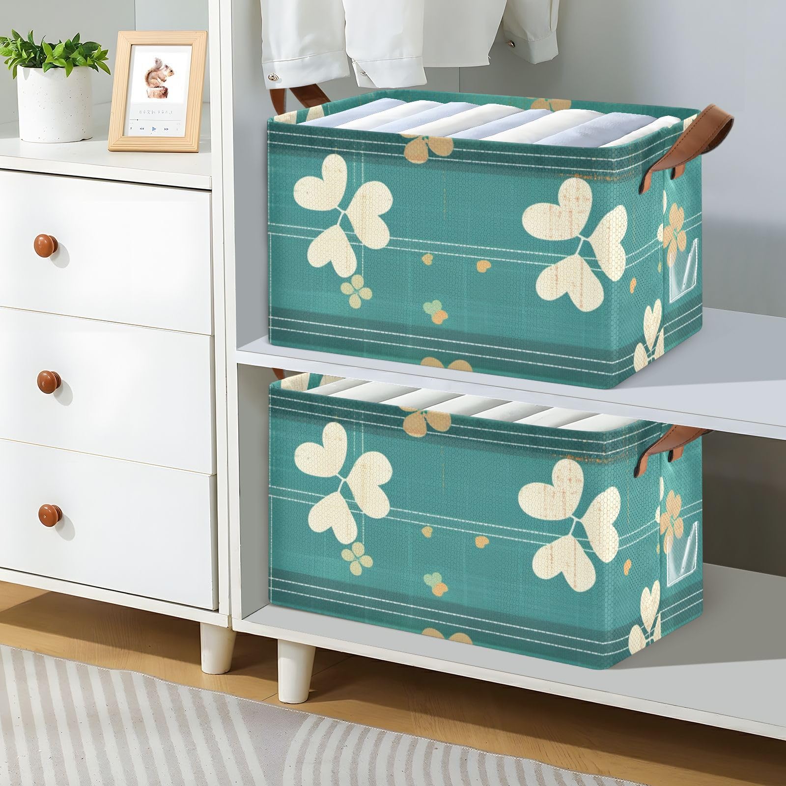Clover Green Stripe Fabric Storage Bins with Handles - 2 Pack Cube Organizer for Shelves, Closet & Book Storage - Perfect for Home Organization, Nursery, Office & Kids Room Decor