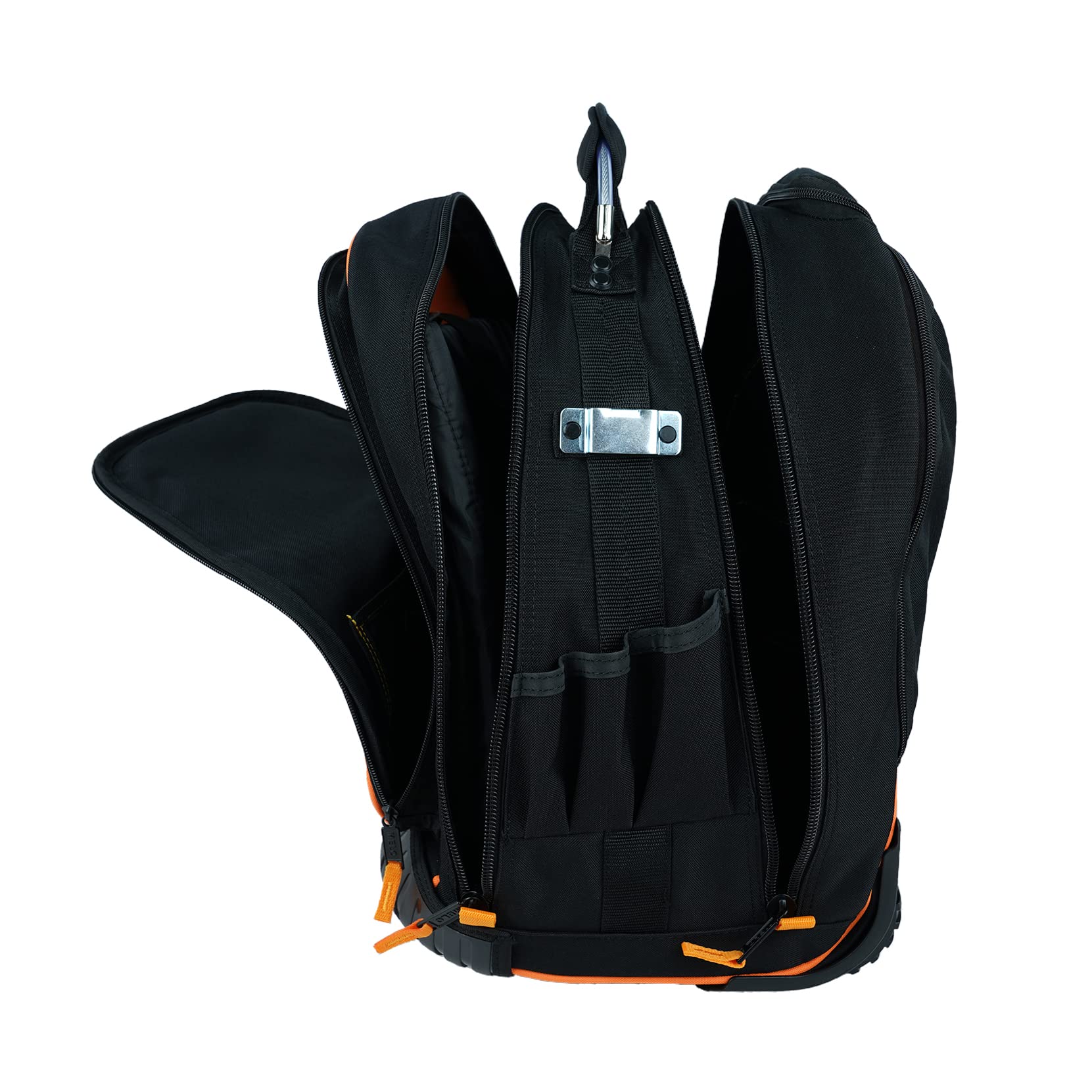 Heavy Duty Rolling Tool Backpack with 37 Pockets - Water Resistant Wheeled Tradesman Pro Organizer Bag, Large Interior Storage (Orange) - Perfect for Construction Sites, HVAC Work & Mobile Technicians