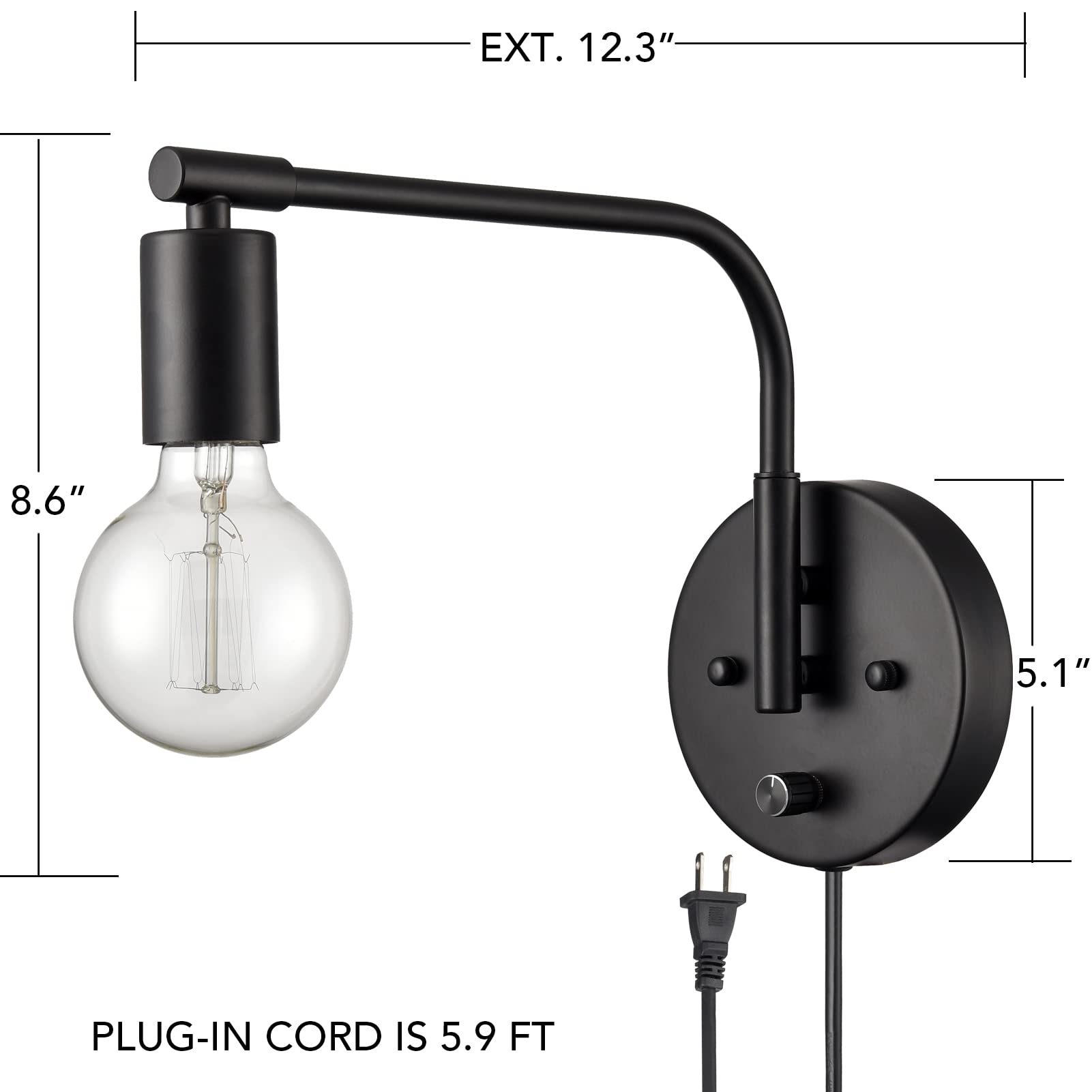 Modern Farmhouse Black Wall Sconces - Set of 2 Plug-in Swing Arm Wall Lamps with Switch - Perfect for Bedroom, Living Room & Home Office Lighting Decor