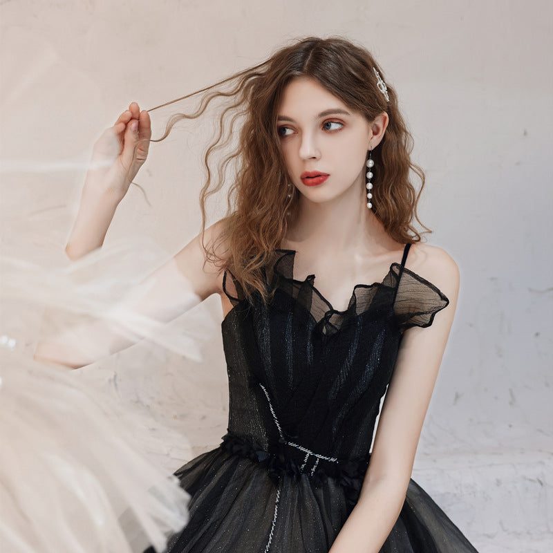 Elegant Black Tulle Long Prom Dress with Spaghetti Straps | Formal Evening Gown for Homecoming, Wedding & Special Occasions | Style 147