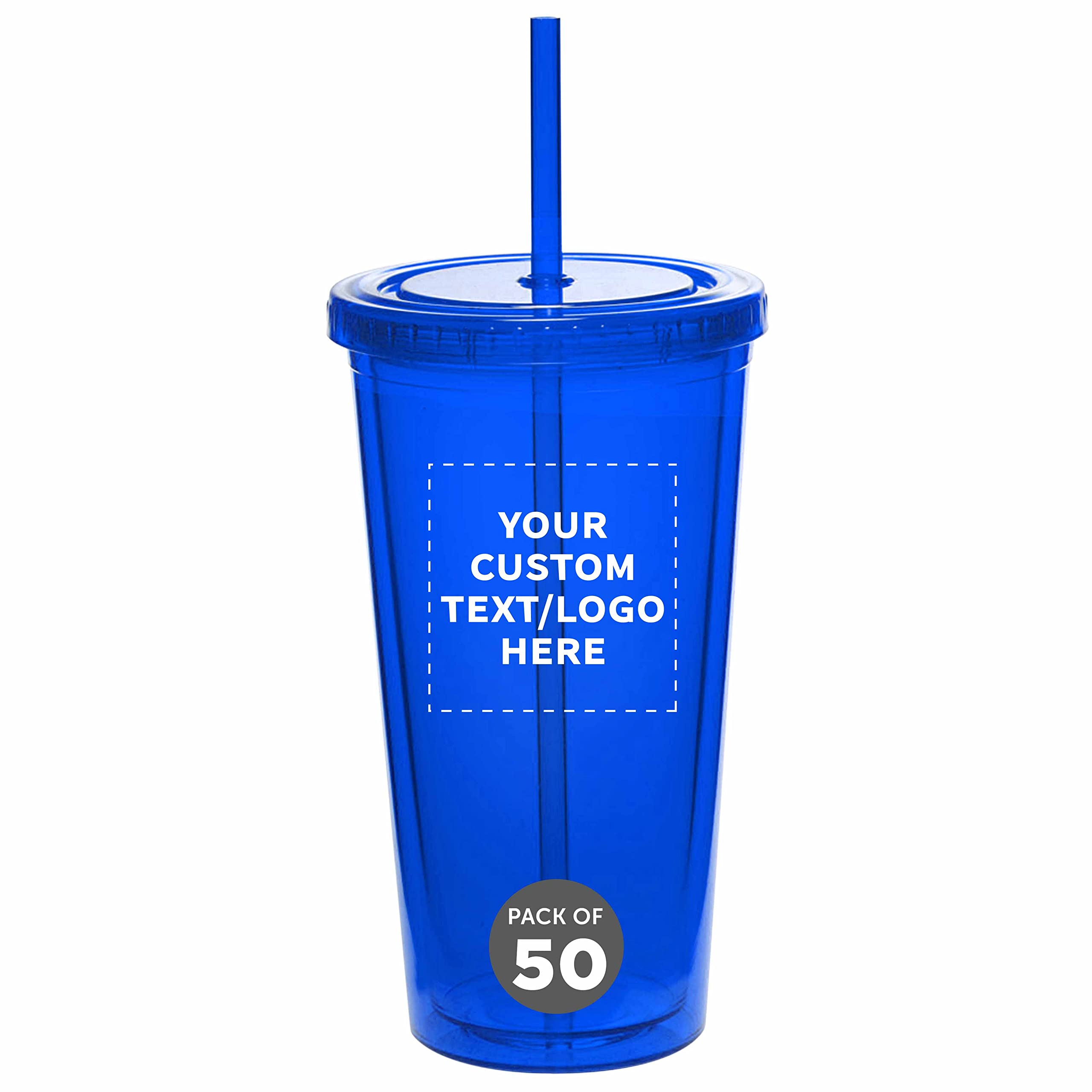 Custom 20 oz Double Wall Acrylic Tumblers - Bulk Pack of 50, BPA-Free Personalized Drinkware for Iced Coffee, Soda, Hot & Cold Beverages - Blue - Perfect for Restaurants, Cafes, Parties & Corporate Events