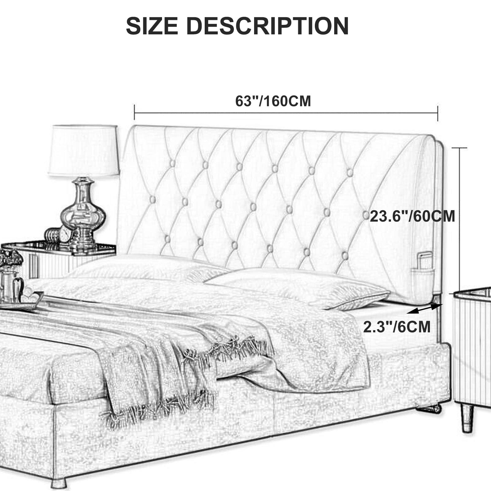 King Size Upholstered Headboard with Tufted Buttons - White Fabric Full Size Bed Headboard (63