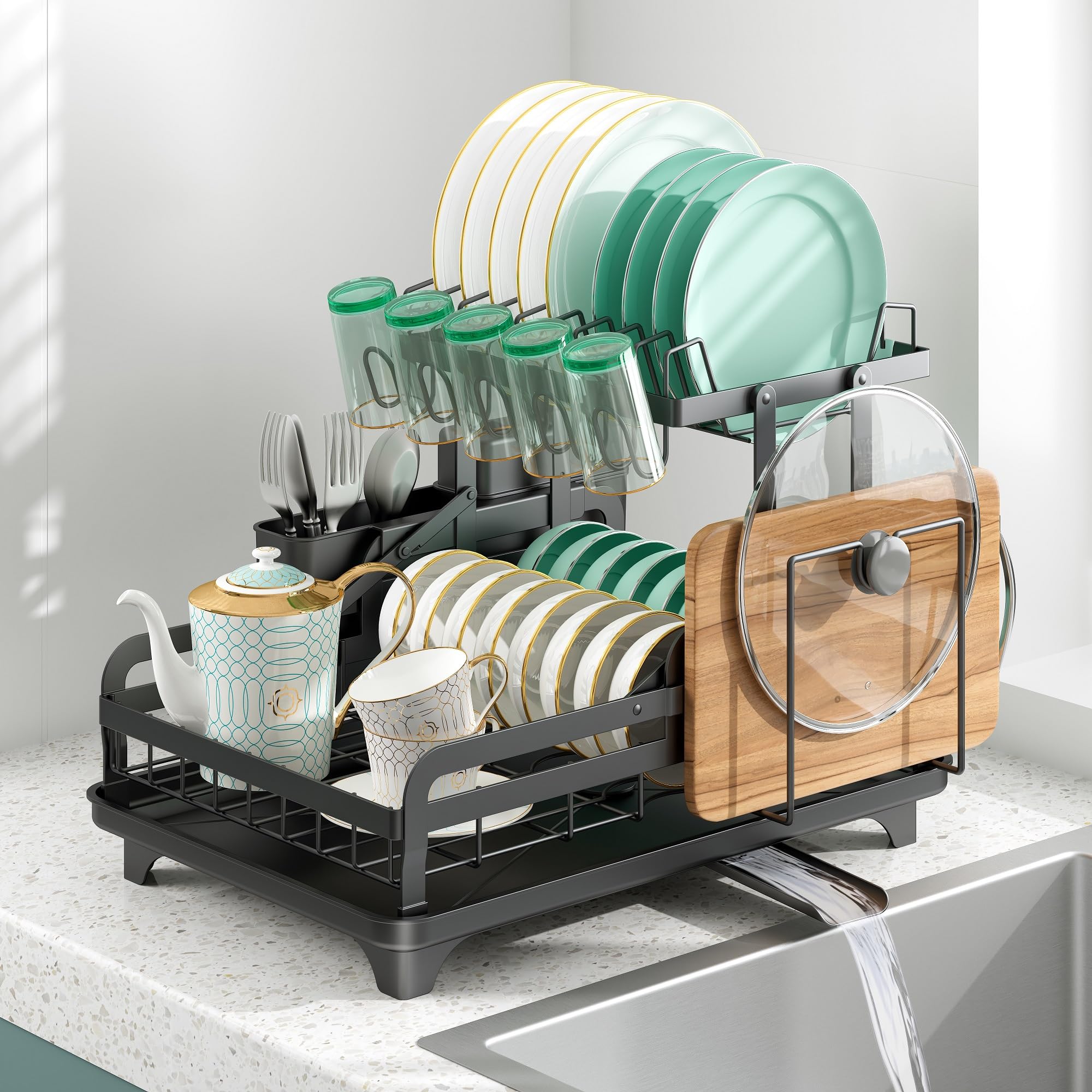 2-Tier Stainless Steel Dish Drying Rack for Kitchen Counter - No Installation Needed with Drain Board - Space Saving Dish Organizer for Small Apartments - Perfect for Drying Plates, Cups & Utensils After Washing