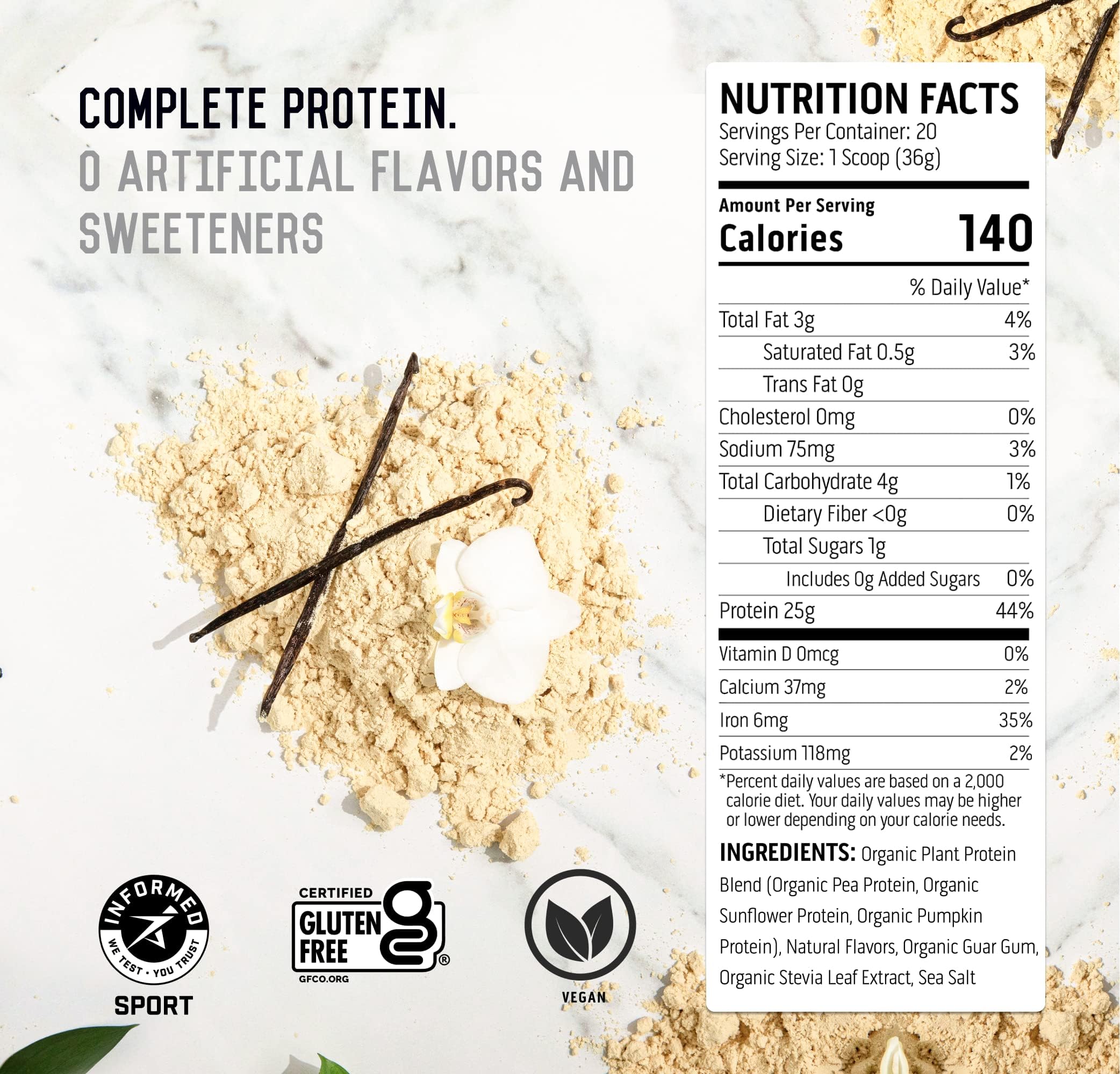 Ascent Plant Based Protein Powder - Vegan Non Dairy Protein Powder, Soy Free, Gluten Free, No Added Sugar, 4g BCAA, 2g Leucine - Vanilla Flavor (20 Servings) | Perfect for Post-Workout Recovery & Healthy Smoothies