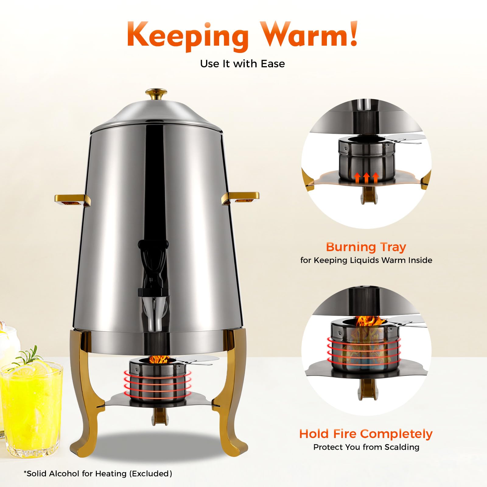 13L Stainless Steel Coffee Urn with Fuel Holder - Continuous Heating Beverage Dispenser for Hot & Cold Drinks - Perfect for Parties, Buffets, Catering (Gold Alcohol) - Ideal for Coffee, Tea, Hot Chocolate and Punch Serving at Events