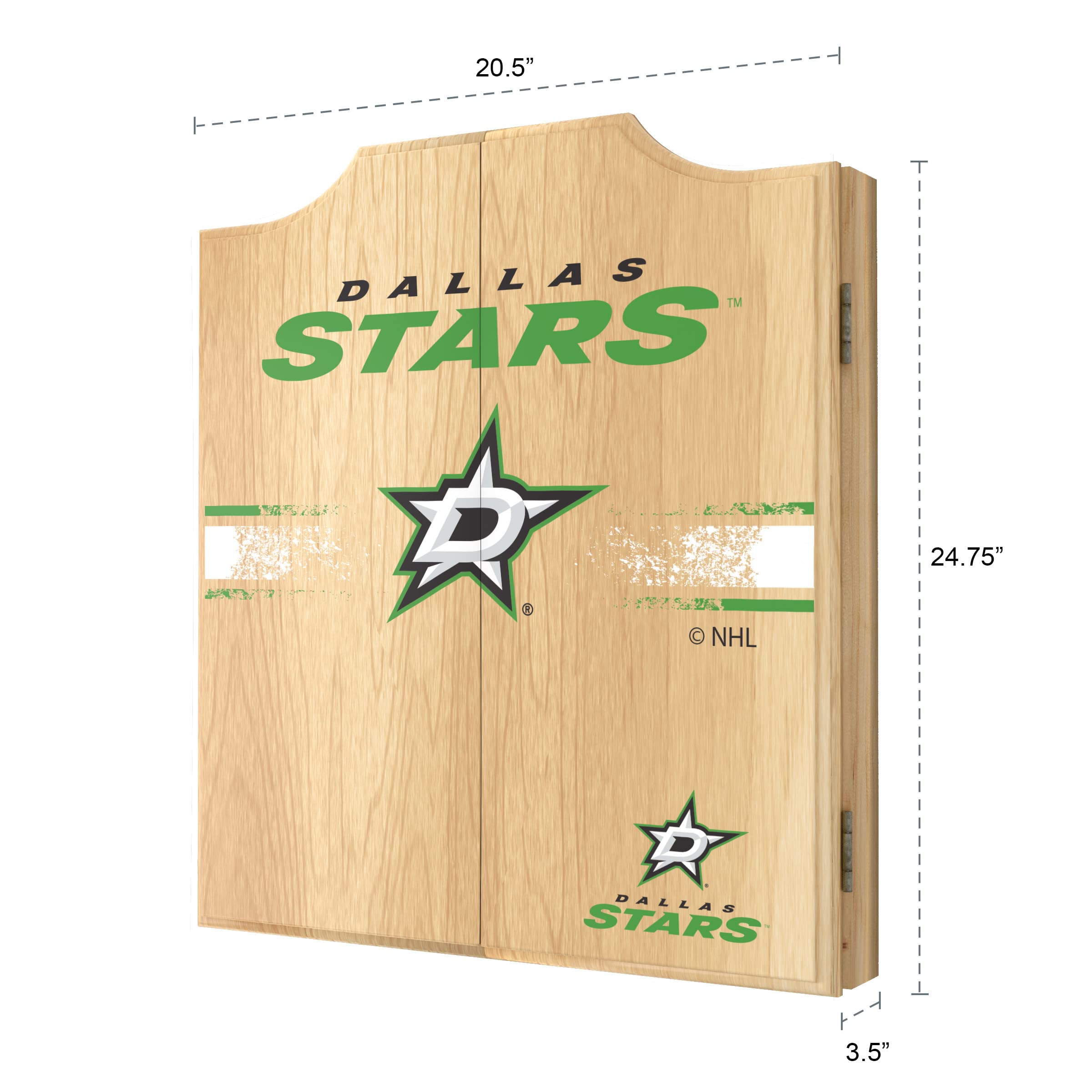 Dallas Stars Logo Dartboard Cabinet Set with 6 Steel Tip Darts, Scoreboard & Wooden Hanging Cabinet - Professional Bristle Dart Board for Game Room, Bar, or Man Cave - Perfect for Sports Fans & Home Entertainment