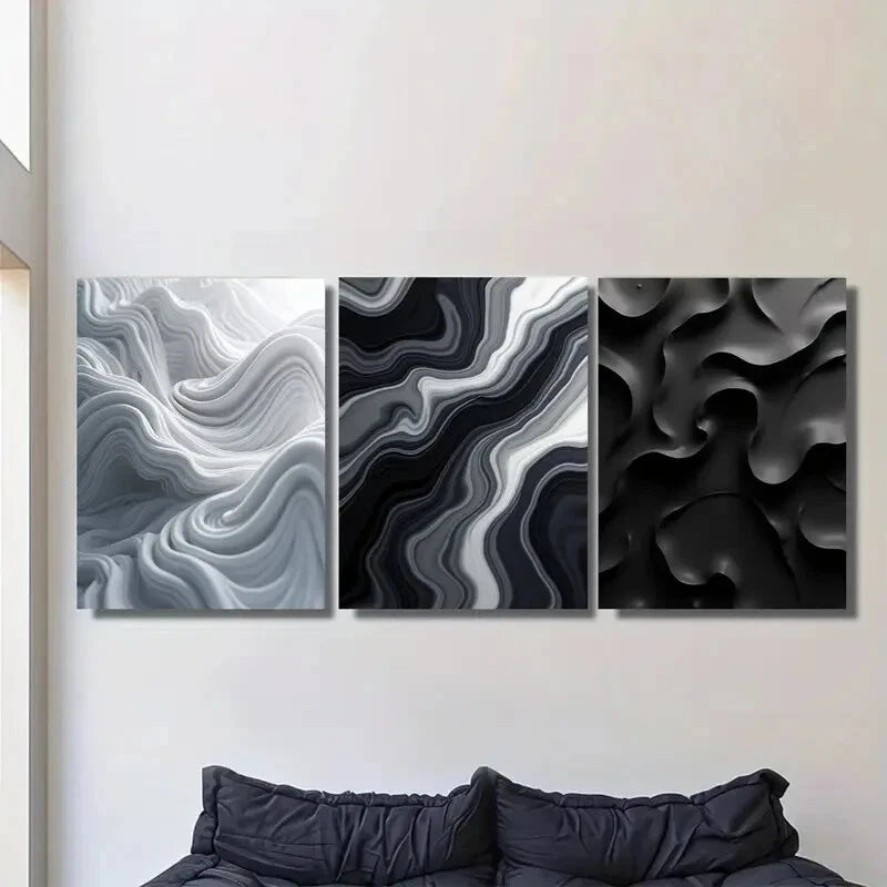 3-Piece Abstract Agate Black and White Metal Wall Art - Modern Ready to Hang Prints for Living Room, Bedroom & Office Decor