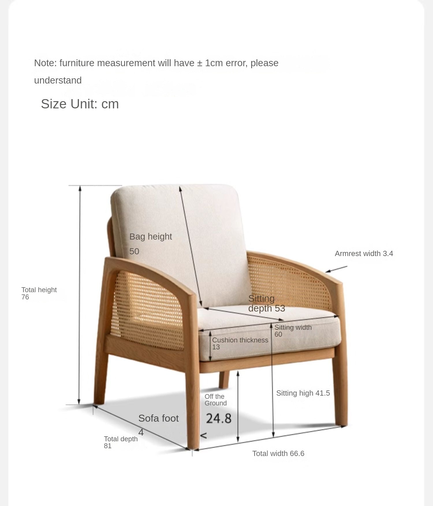 Solid Oak Wood Armchair with Milky Skin Tone Finish and Rattan Accents - Perfect for Living Room, Bedroom, or Office Decor