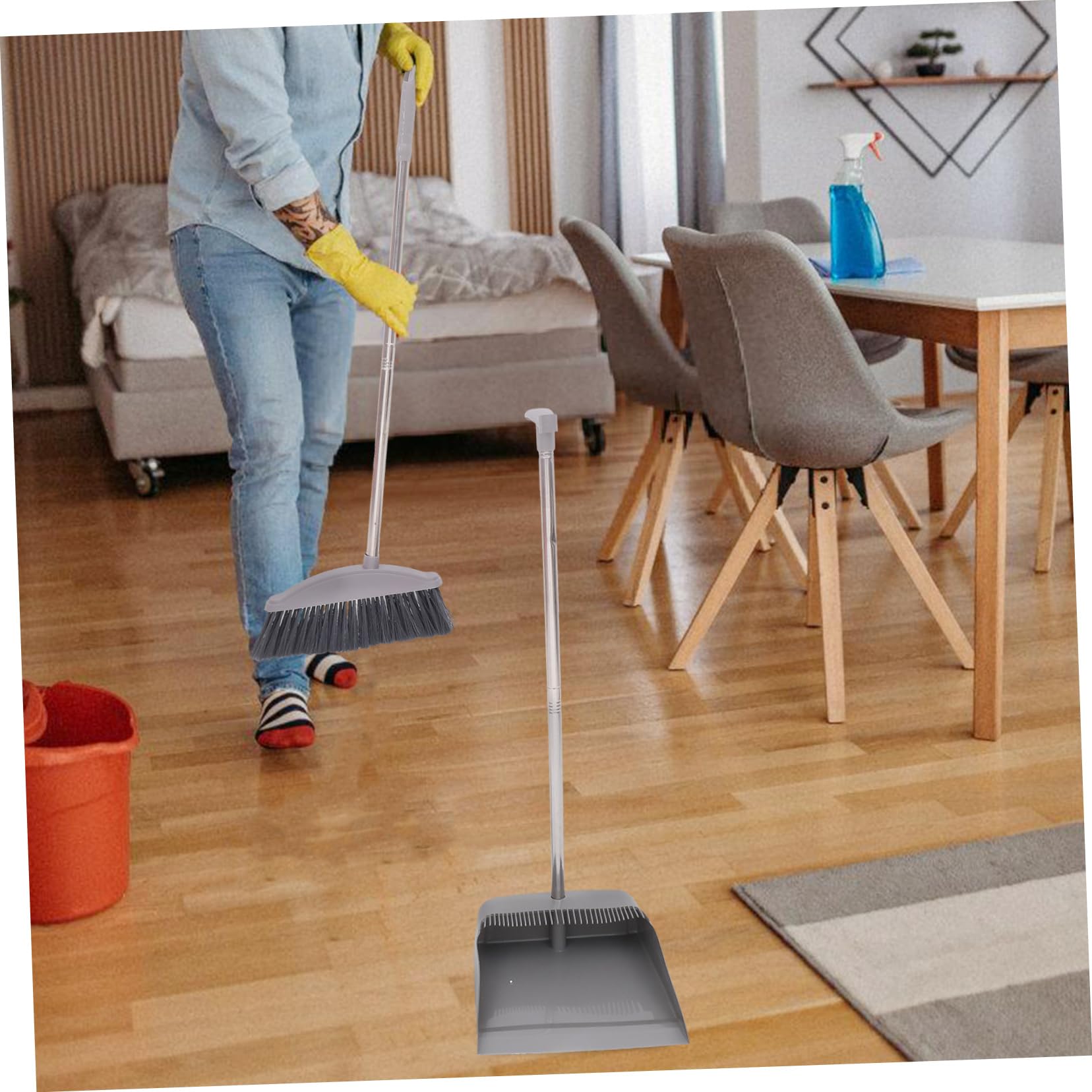 HEALLILY Outdoor Dustpan and Broom Set - Long Handle Stainless Steel Dustpan with Brush for Lobby, Room Cleaning, and Household Use - Ideal for Sweeping Floors, Patios, and Child-Friendly Areas