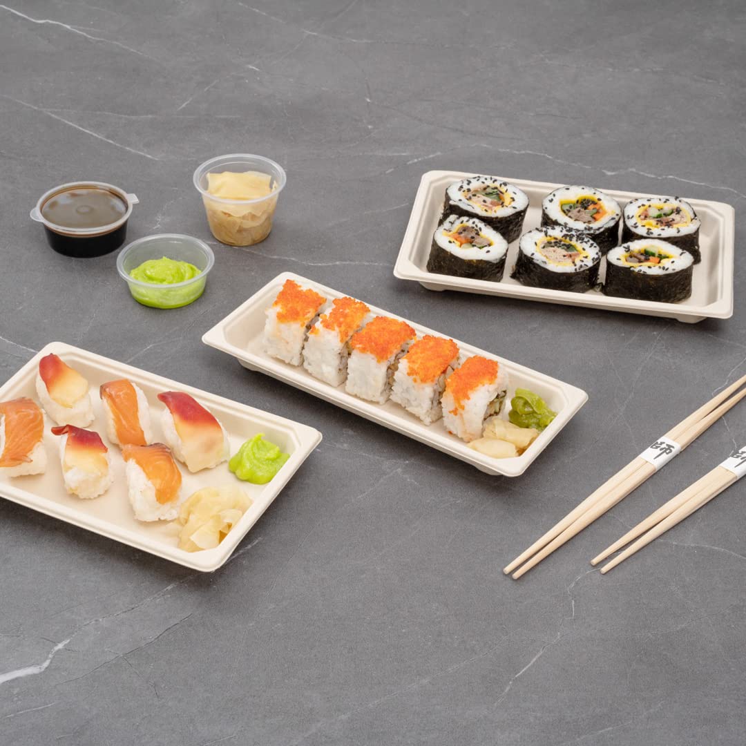 Eco-Friendly 8.7 x 3.5 Inch Microwavable Bagasse Sushi Trays - 100-Pack Sugarcane Fiber Dishes, Freezer Safe (Lids Sold Separately) | Perfect for Restaurants, Catering & Home Sushi Parties
