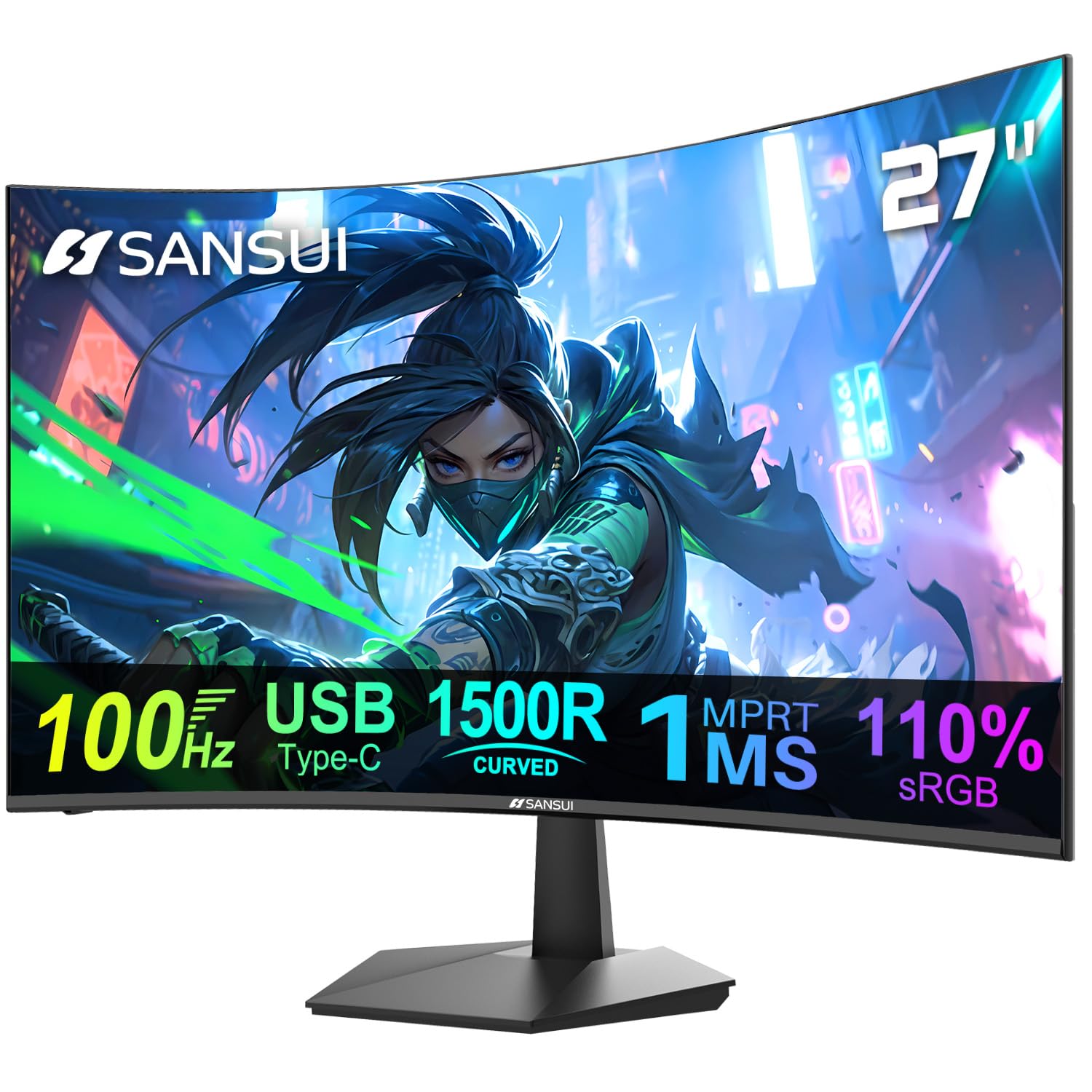 SANSUI 27 Inch Curved Gaming Monitor 100Hz USB Type-C FHD 1080p HDR Display with Built-in Speakers | 110% sRGB | 1500R Curvature | VESA Mount Compatible - Perfect for PC Gaming, Office Work, and Multimedia Entertainment (ES-27C1)
