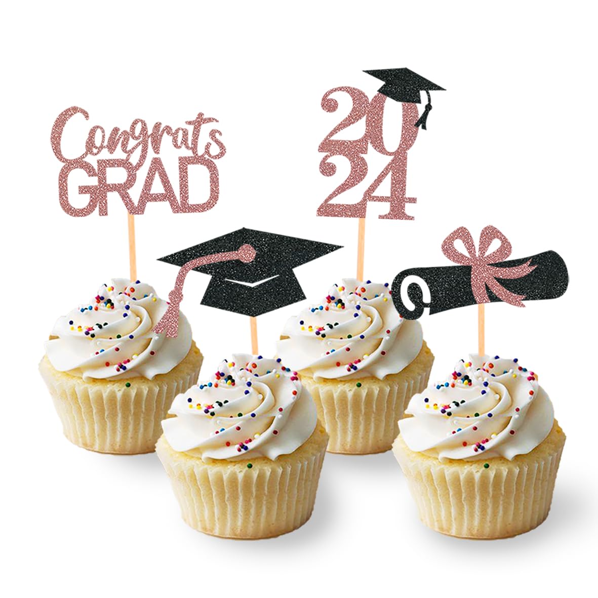 24Pcs Rose Gold Graduation Cupcake Toppers - Class of 2025 Cake Decorations, Food Picks for Graduation Party, School Ceremony & Celebration Supplies - Perfect for Graduation Cakes, Cupcakes & Dessert Displays