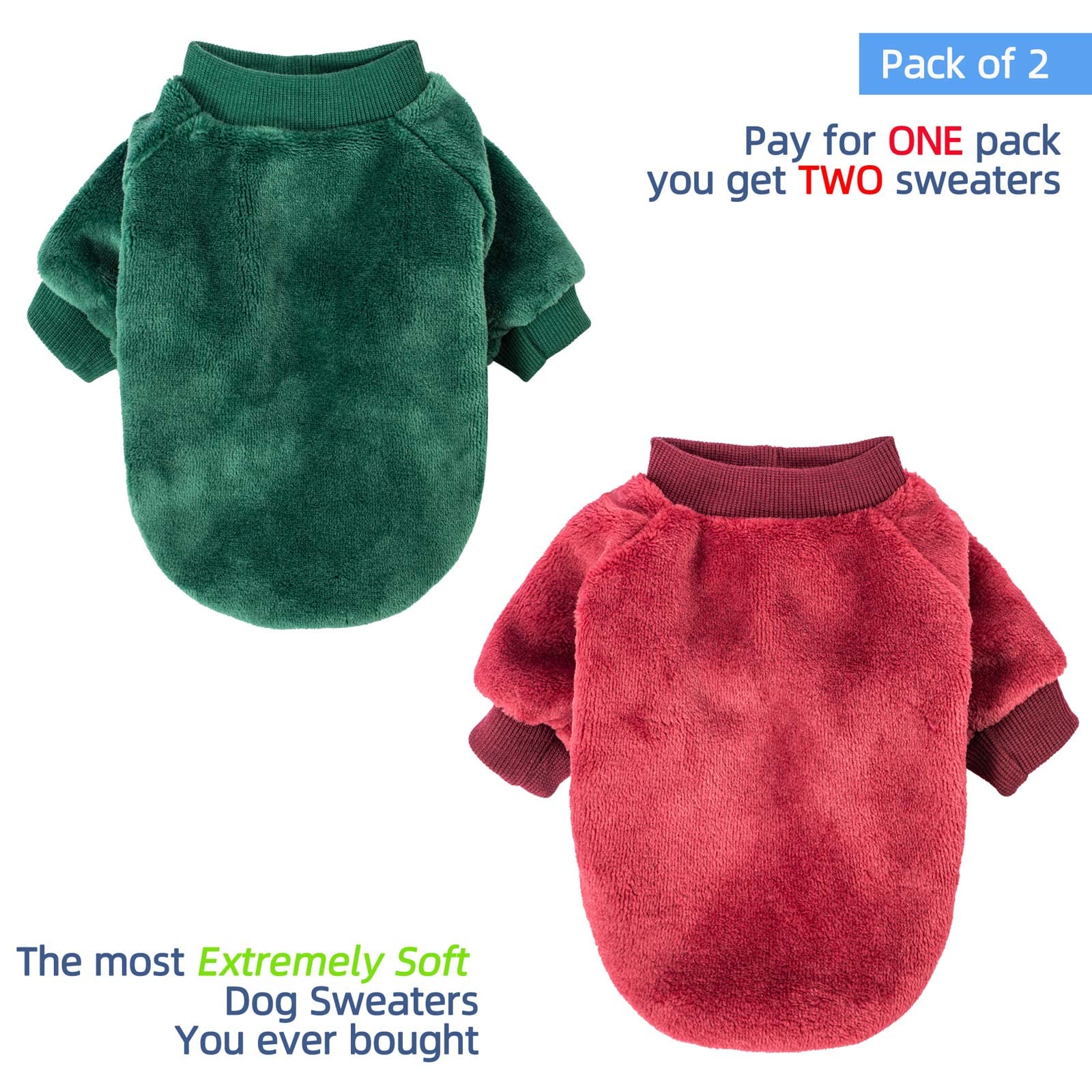 FabriCastle 2-Pack Ultra Soft & Warm Dog Sweaters for Small & Medium Dogs - Cozy Winter Dog Coat & Jacket for Boys & Girls - X-Large Pet Clothing in Dark Red & Dark Green - Perfect for Cold Weather Walks & Indoor Comfort