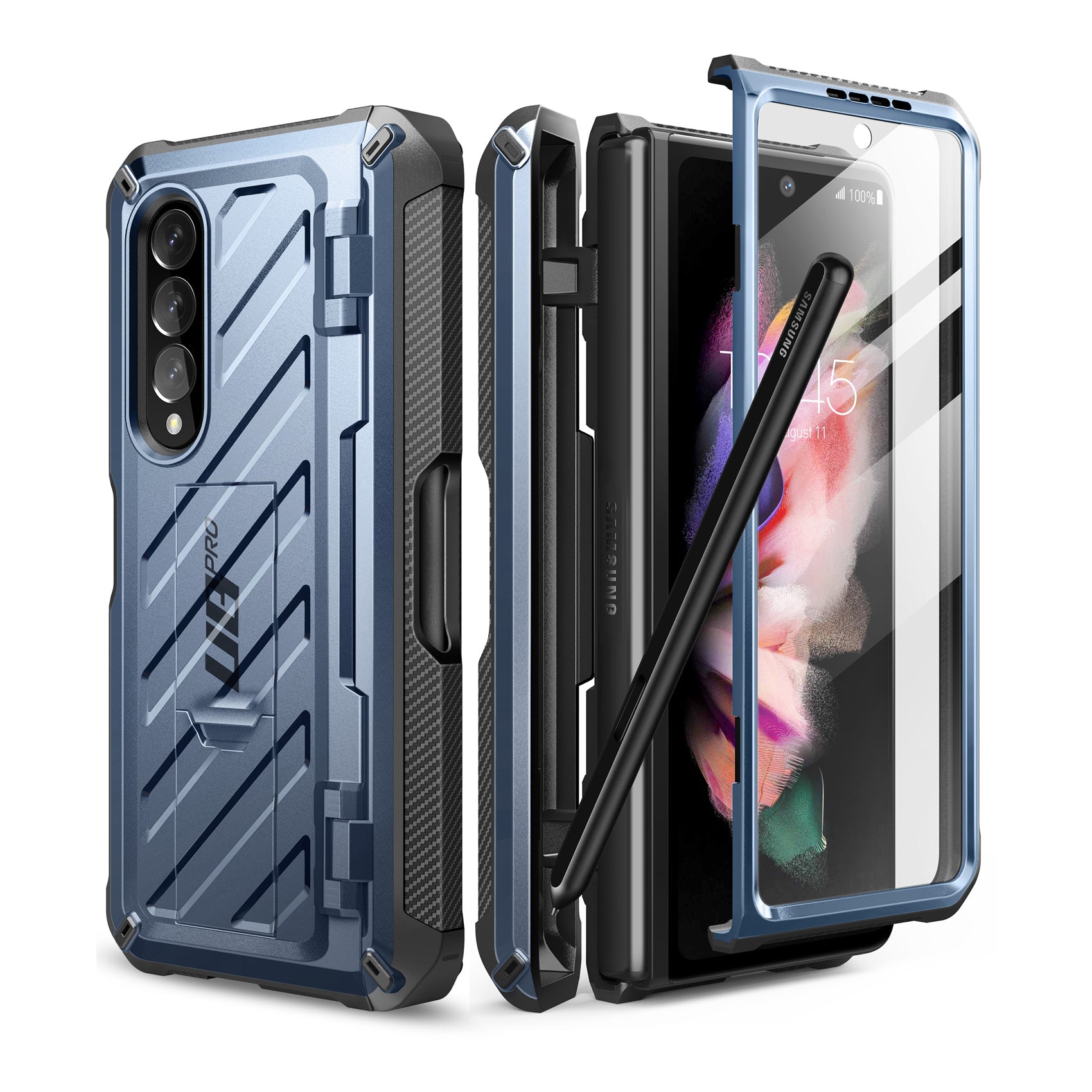 Samsung Galaxy Z Fold 3 Unicorn Beetle Pro Rugged Protective Case with S Pen Holder - Shockproof & Military-Grade Drop Protection - Metallic Blue | Perfect for Outdoor Adventures & Business Travel