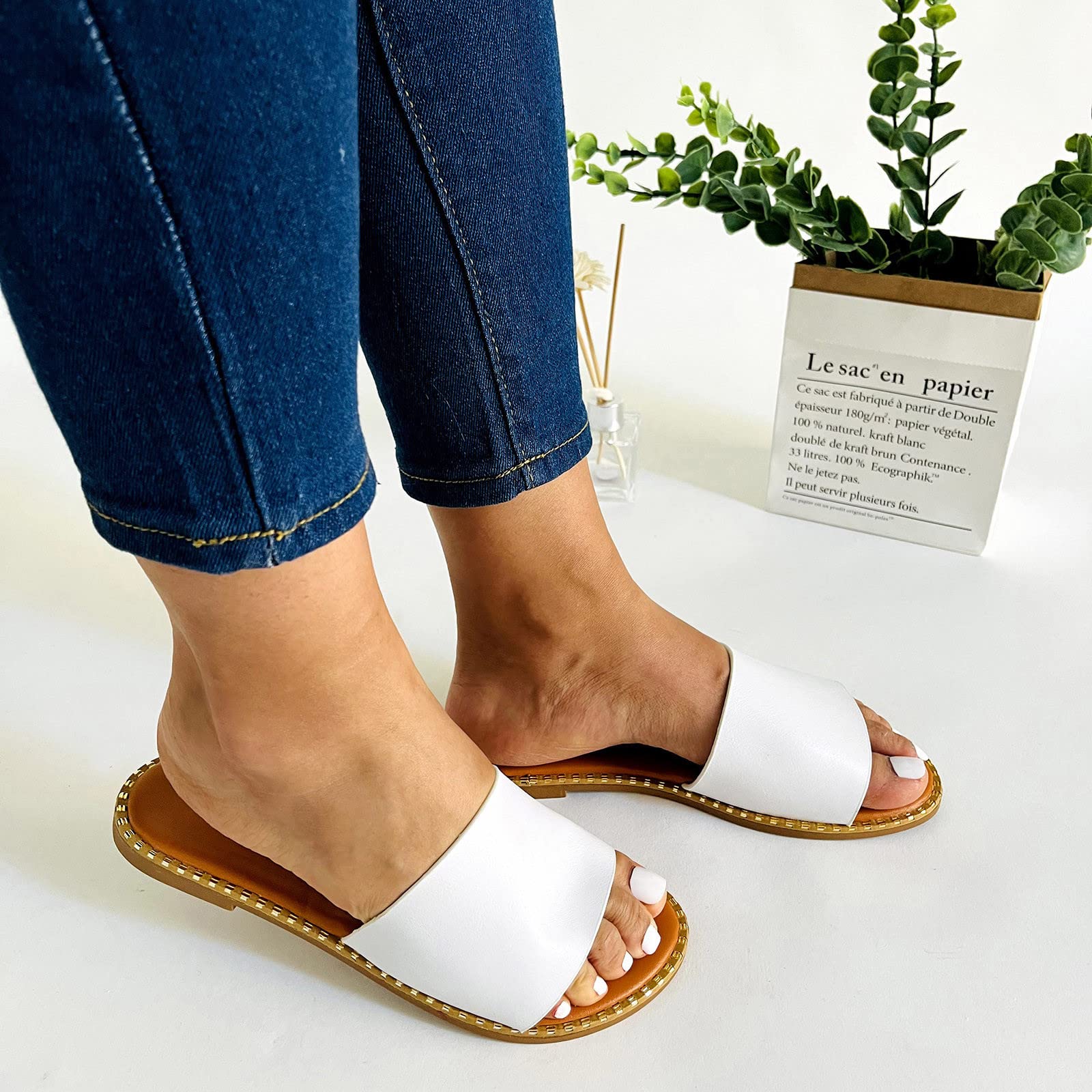 Women's Casual One Strap Slide Sandals - Flat Slip-On Comfortable Dressy Sandals for Summer, Beach, Vacation & Everyday Wear