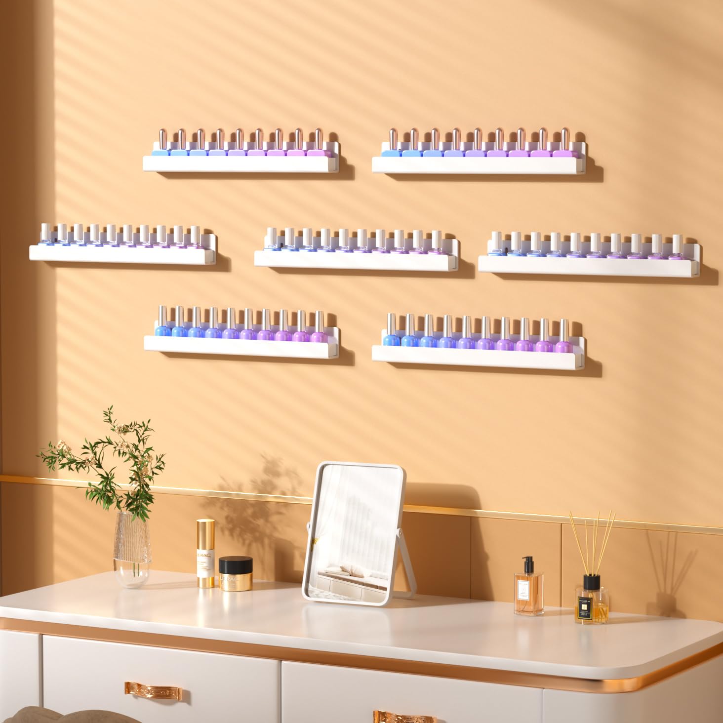 NIUBEE 6 Pack Clear Acrylic Nail Polish Wall Mounted Shelf - Holds 90 Bottles, 15 Inch Nail Polish Organizer for Salon, Bathroom & Retail Store Display - Perfect for Nail Art Studio, Home Decor and Gift Shop Organization (White)