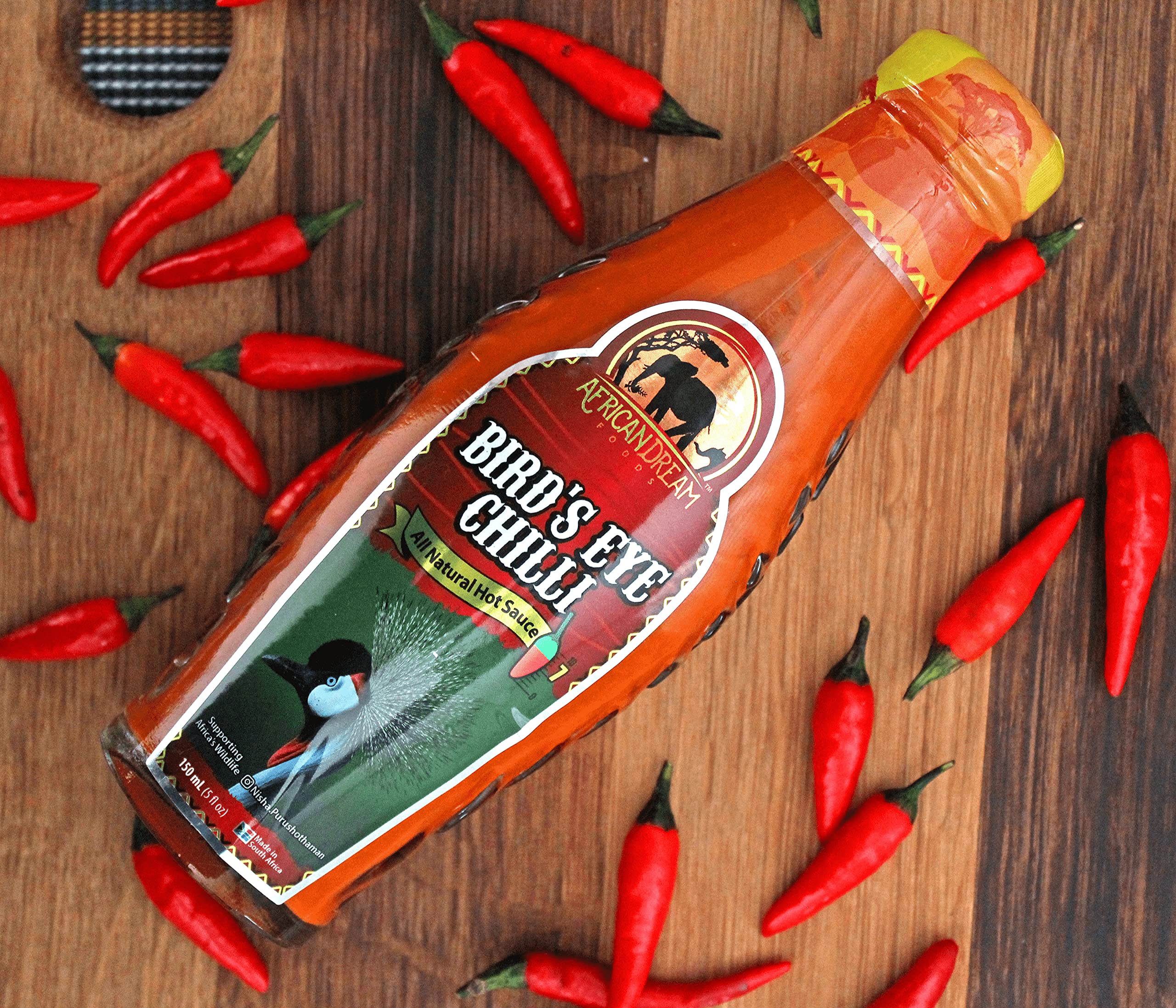 African Dream Foods Bird's Eye Chilli Hot Sauce - Bold & Fiery Flavor, Vegan, Non-GMO, 5 fl oz Glass Bottle - Perfect for Wings, Tacos, Pizza & Spicy Food Lovers
