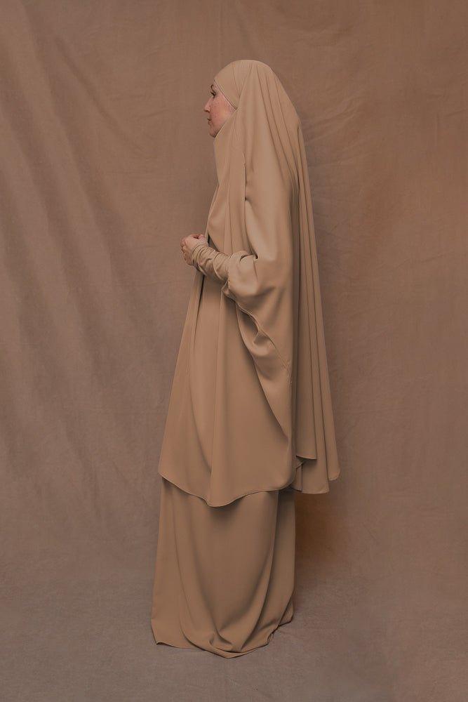 Khaki Moira Islamic Prayer Dress with Niqab - Modest Umrah Gown for Women | Perfect for Hajj, Salah & Religious Ceremonies