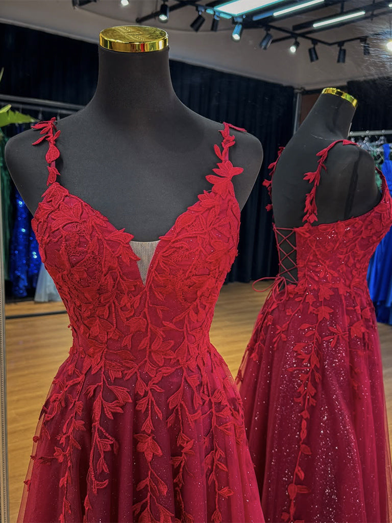 Elegant A-Line V-Neck Burgundy Tulle Lace Long Prom Dress - Formal Evening Gown for Homecoming, Wedding & Special Occasions