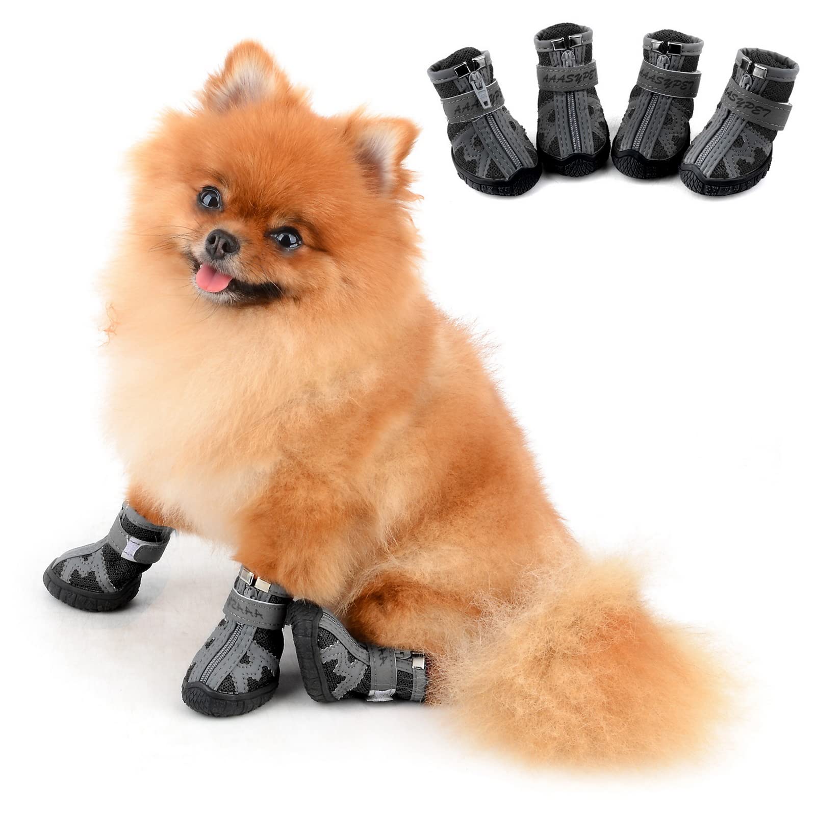**Breathable Mesh Dog Walking Shoes for Small & Medium Dogs - Adjustable Summer Paw Protectors with Reflective Stripes & Non-Slip Rubber Sole (Black, Size 5) - Perfect for Hot Pavement, Hiking & Outdoor Adventures**