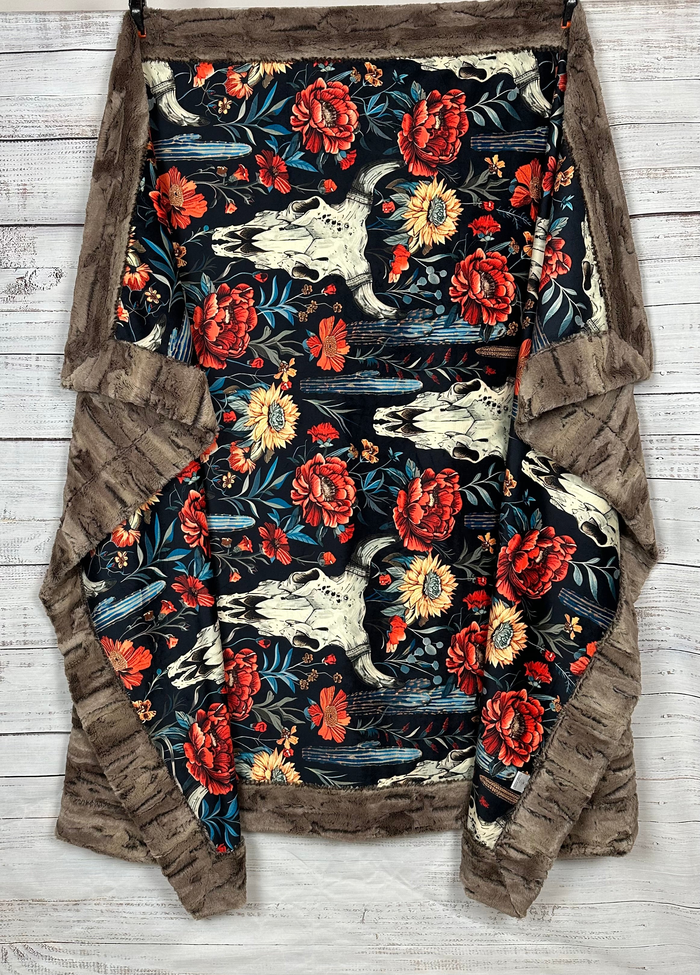 Boho Western Skull Floral Print Minky Blanket - Soft Luxe 55x79 Inches - Perfect for Bed, Couch & Home Decor - Chestnut Brown Cozy Throw Blanket