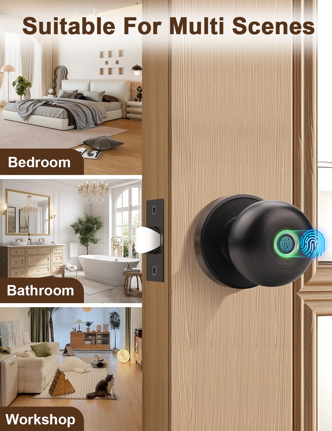 Smart Fingerprint Door Knob Lock - Biometric Keyless Entry with App Control, Oil Rubbed Bronze - Perfect for Home Security in Bedrooms, Offices, Apartments & Hotels