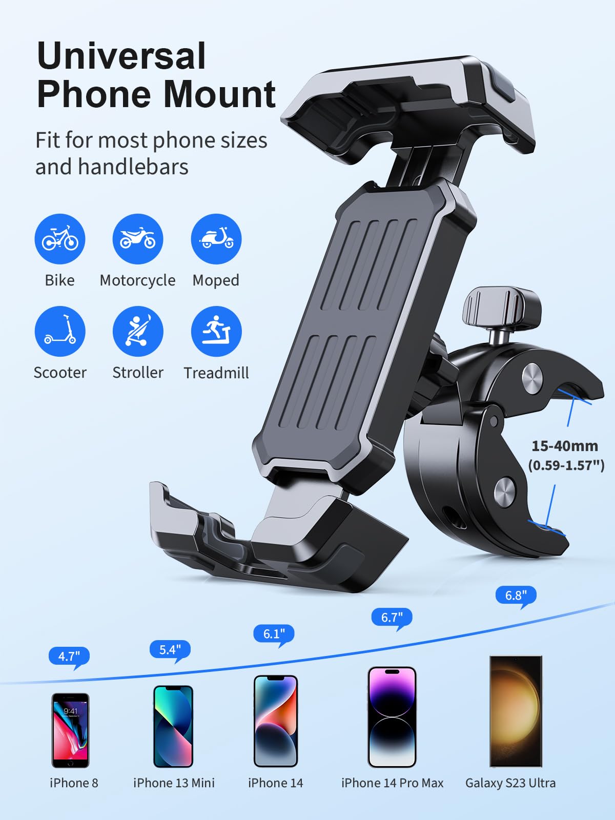 Zewwen Bike Phone Mount - Upgraded Handlebar Clamp & Anti-Vibration Motorcycle Bicycle Phone Holder, 360° Rotatable for ATV/Scooter - Compatible with iPhone 14/13/12, Samsung Galaxy S23/S22 (4.7-6.8