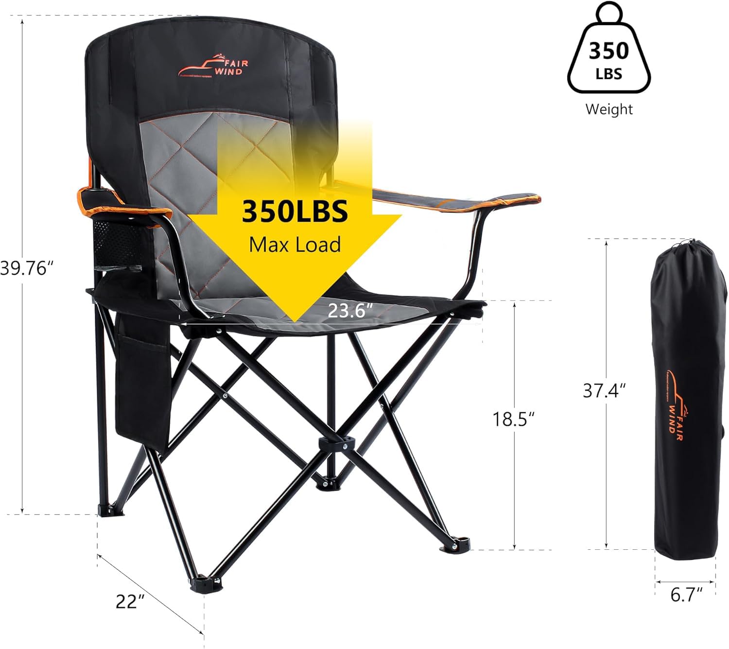 FAIR WIND 2 Pack Heavy Duty Oversized Camping Chairs - 350 LBS Weight Capacity, Fully Padded Quad Fold Arm Chairs with Cup Holder & Lumbar Support - Portable Collapsible Outdoor Chairs for Camping, Beach, Backyard, Picnics, and Tailgating - Black