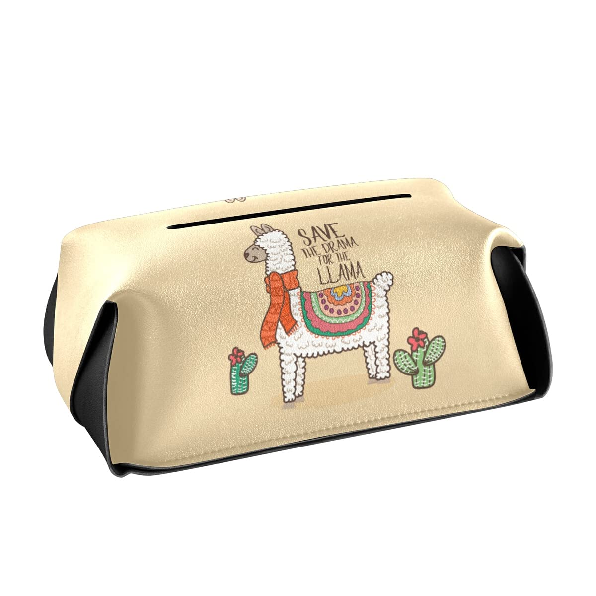 Llama Tissue Box Cover - Square PU Leather Facial Tissue Holder with Handle for Countertops & Nightstands | Decorative Napkin Organizer for Home, Office & Bathroom Decor