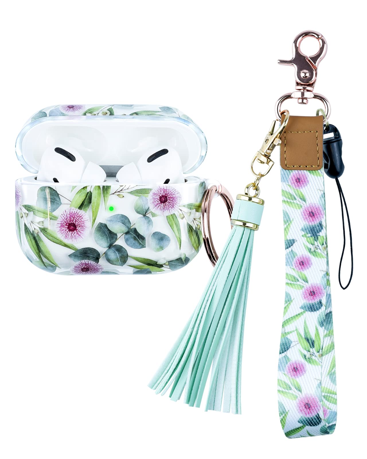 OULRAEFS Cute Hard Protective Case Cover with Wristlet Keychain & Lanyard for AirPods Pro (2019) - Clear Eucalyptus Design - Perfect Gift for Women & Girls - Ideal for Travel, Gym, and Everyday Use