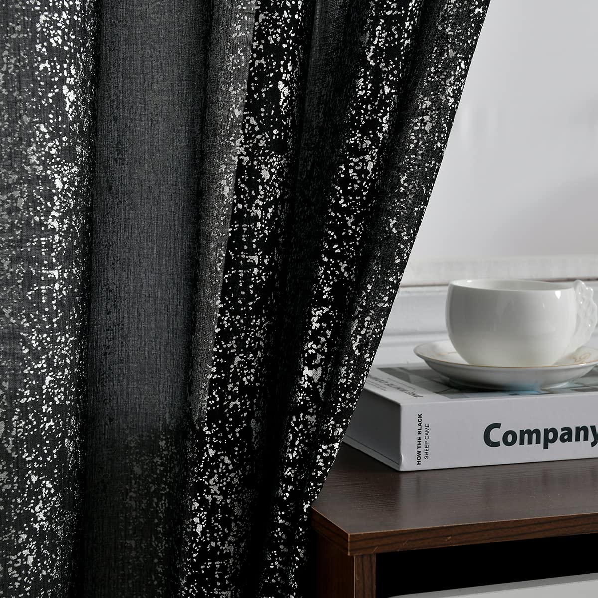 TERLYTEX Black Silver Glam Sparkle Sheer Curtains - 52x63 Inch, 2 Panels, Metallic Silver Black Window Curtains for Bedroom & Living Room - Light Filtering, Privacy & Decorative Drapes for Home Decor