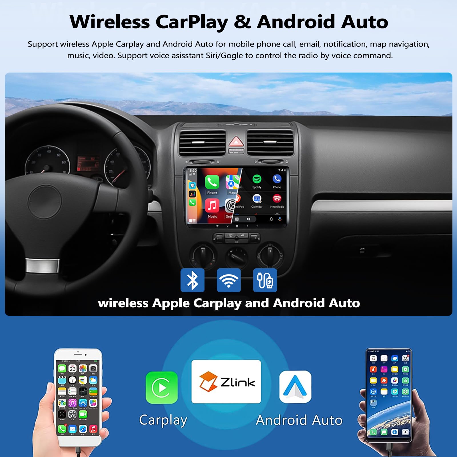 CAMECHO 9 Inch Android 13 Car Stereo 2GB RAM 64GB ROM - Wireless Apple CarPlay & Android Auto - GPS Navigation - Bluetooth - Backup Camera - Compatible with Volkswagen Jetta Tiguan Golf Beetle Passat - Perfect for Road Trips & Daily Commutes