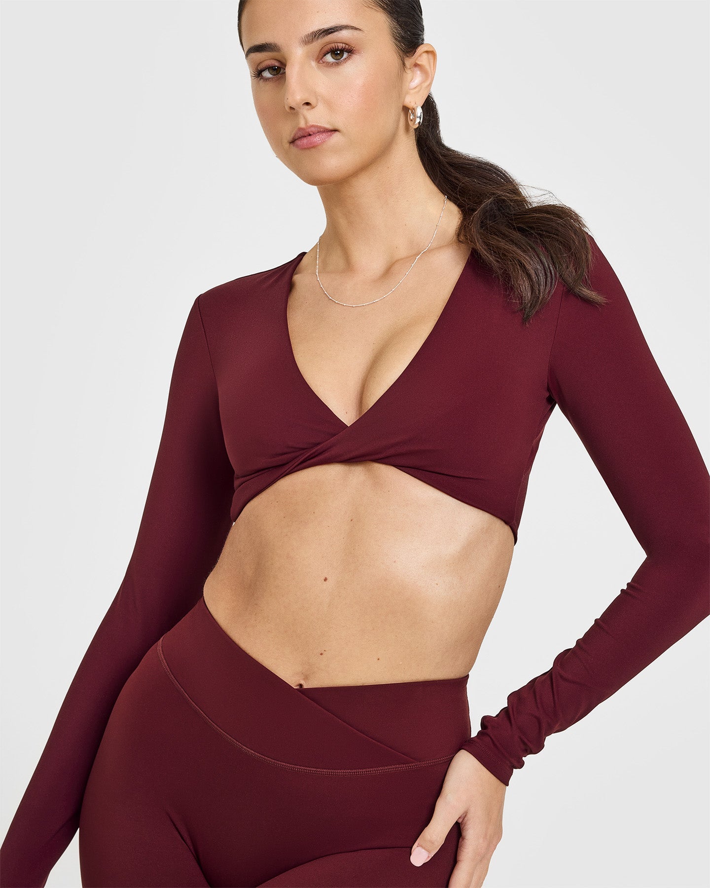 Stylish Rosewood Twist Front Long Sleeve Crop Top for Women | Trendy Fashion Top for Casual Wear, Date Night & Layering