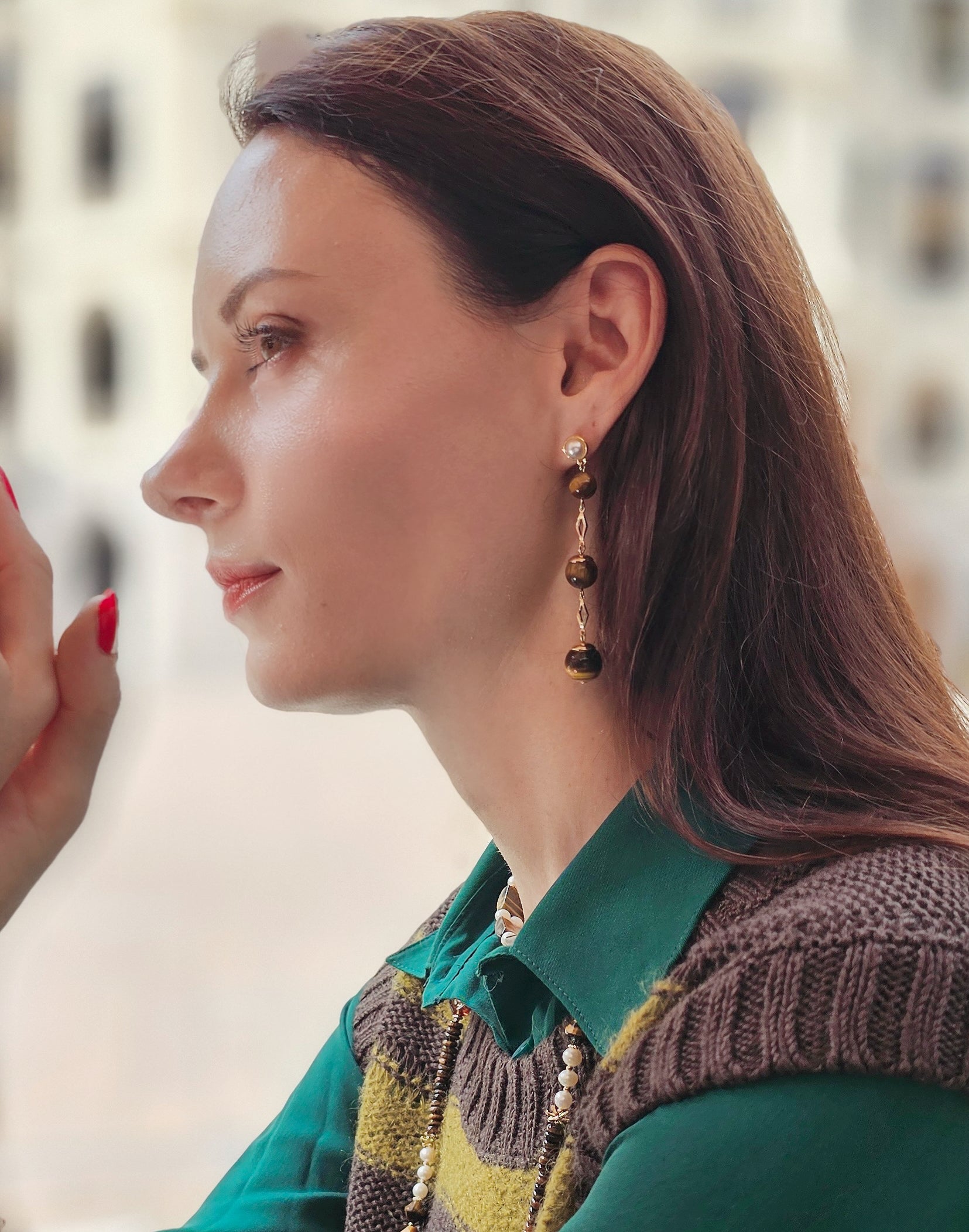 Tiger Eye Stone Shoulder Dangle Earrings NE021 - Elegant Boho Jewelry for Women, Perfect for Parties, Weddings & Everyday Wear