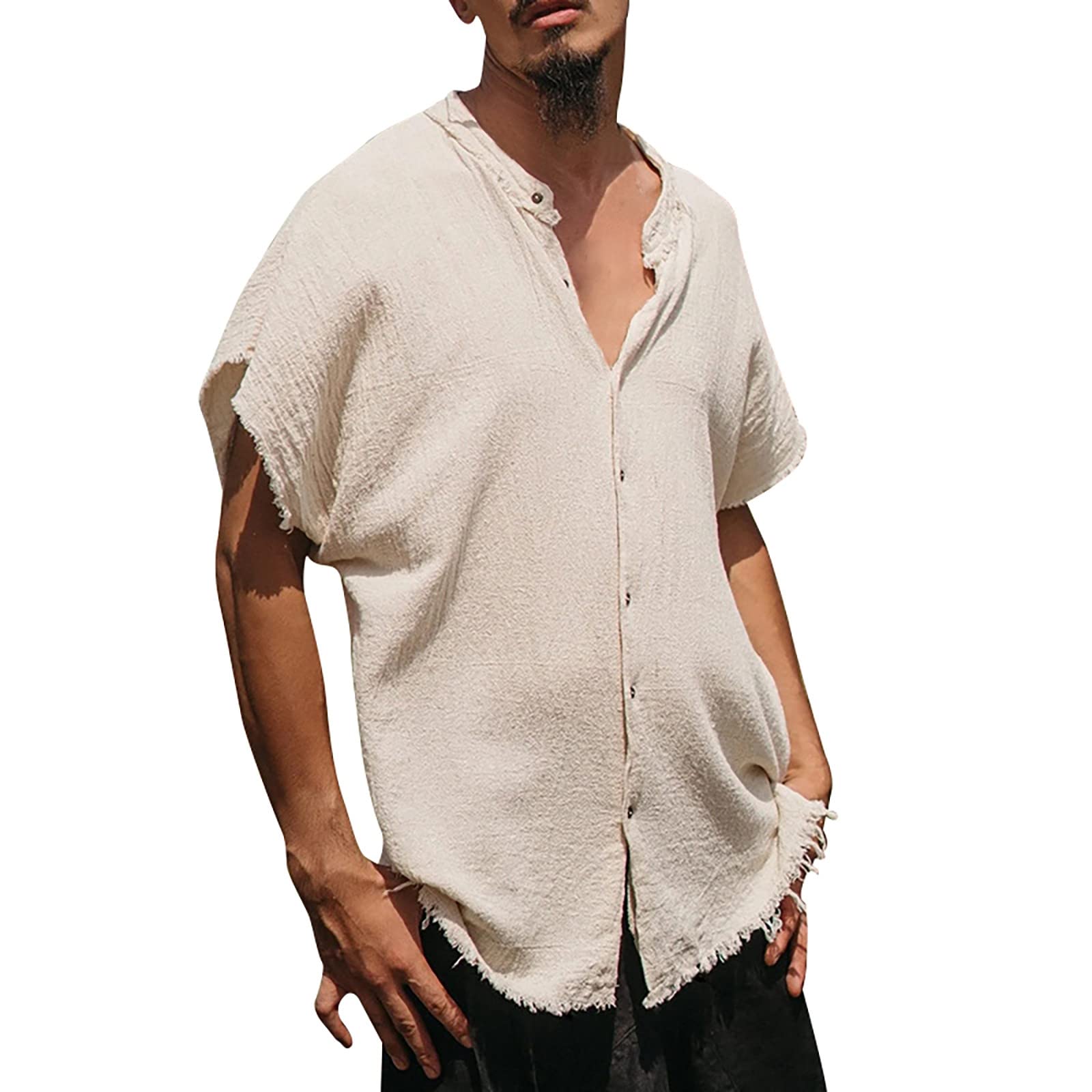 Men's Linen Shirt - Breathable Summer Henley T-Shirt | 100% Cotton Linen Blend | Loose Fit Comfortable Casual & Formal Wear | White XL | Perfect for Beach, Office & Outdoor Activities
