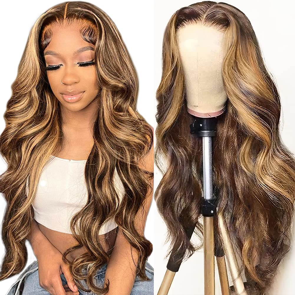Human Hair Wigs for Black Women - 24 Inch Glueless Body Wave Ombre Highlight Lace Front Wig with Baby Hair & 150% Density (4x4 Lace, Pre-Plucked) | Perfect for Daily Wear, Parties & Special Occasions
