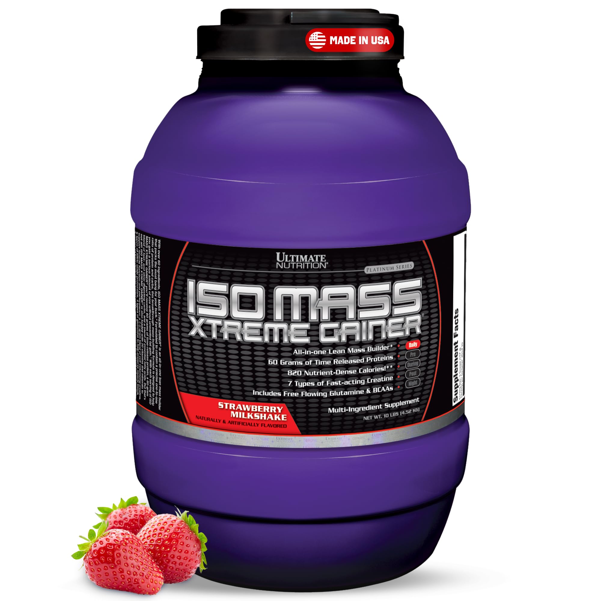 Ultimate Nutrition ISO Mass Xtreme Gainer - High-Calorie Weight Gain Protein Powder with Creatine & Whey Isolate for Muscle Growth, Lean Mass Building & Bulking - Strawberry Milkshake Flavor, 10lbs - Perfect for Post-Workout Recovery & Bodybuilding Nutrition