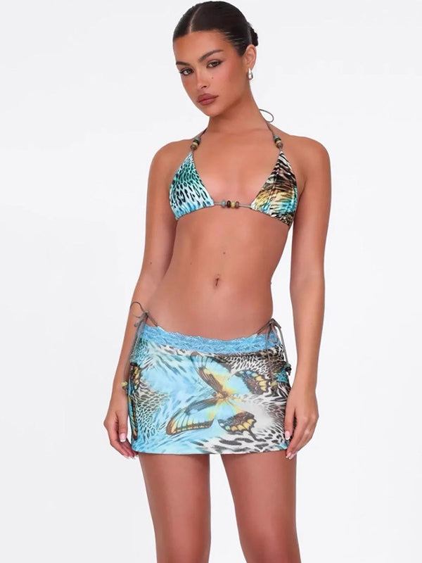ZASUWA Women's Sexy Leopard Print Butterfly Mesh 3-Piece Lace Up Bikini Set - Perfect for Beach Vacation, Pool Party & Summer Swimwear