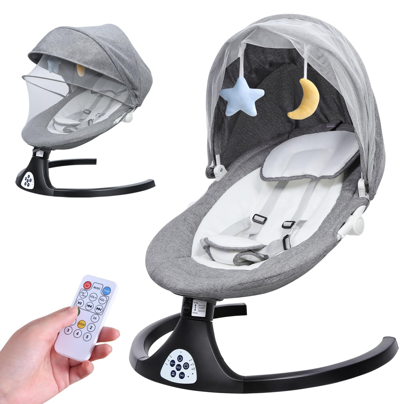 Fukursul Electric Baby Swing with Smart Sensor & Safety Harness - Bluetooth Remote Control Adjustable Infant Rocker with Soothing Music & Plush Toys | Perfect for Nursery, Daycare & Calming Fussy Babies