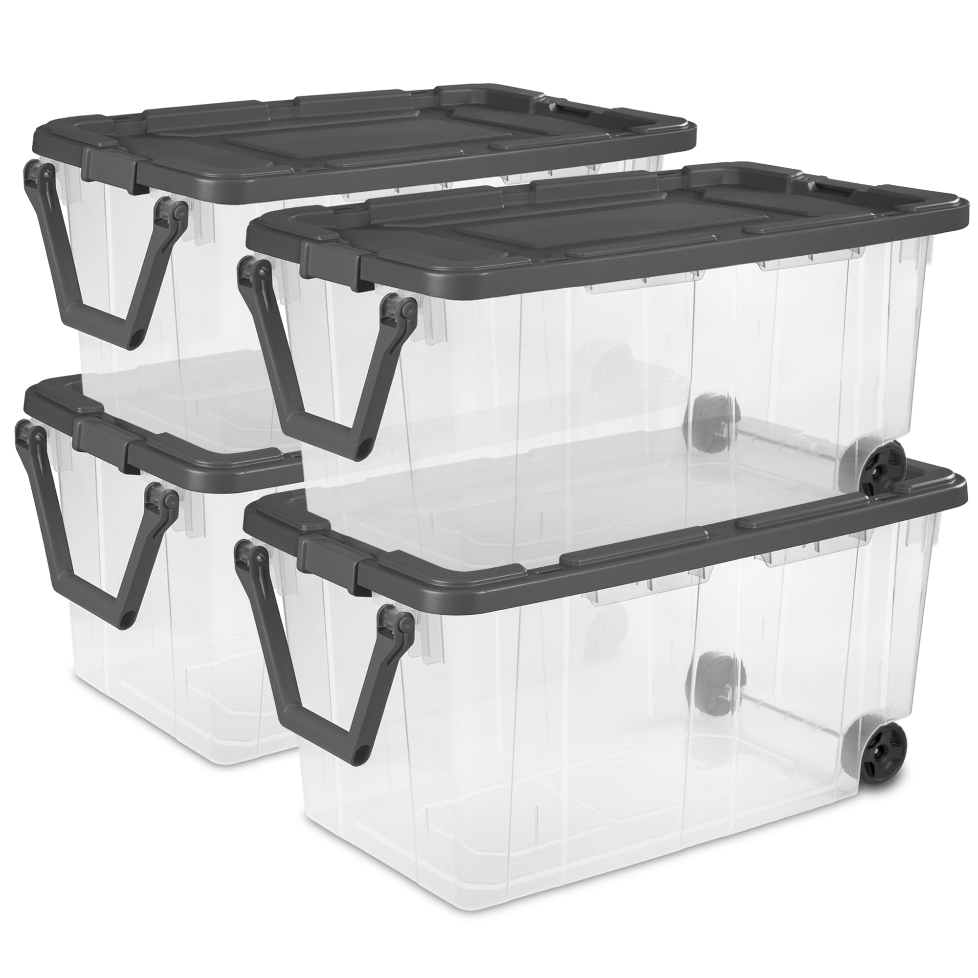 Sterilite 4-Pack 160 Qt Stackable Storage Bins with Latching Lids & Wheels, Gray - Perfect for Garage Organization, Home Storage, and Moving Supplies