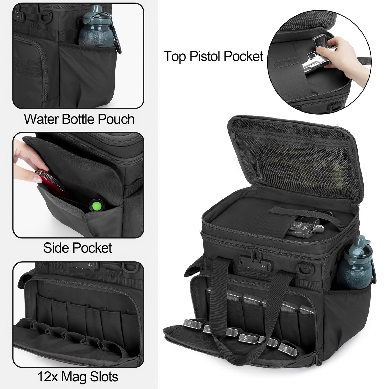 Tactical Gun Range Bag with 3 Pistol Capacity & TSA Lock - Duffle Bag with 2 Pistol Cases & 12 Magazine Slots - Multi-Pocket Shooting Gear Organizer for Hunting, Range Training & Airsoft - Durable Black Range Bag for Firearm Storage & Transport
